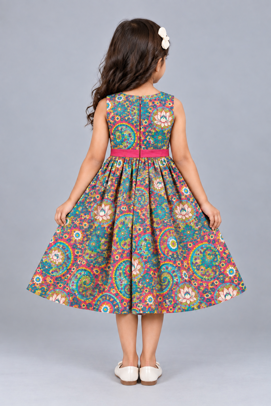 Kevora Apparels Girls’ Printed V-Neck Fit & Flare Dress with Contrast Bow - Multicolor