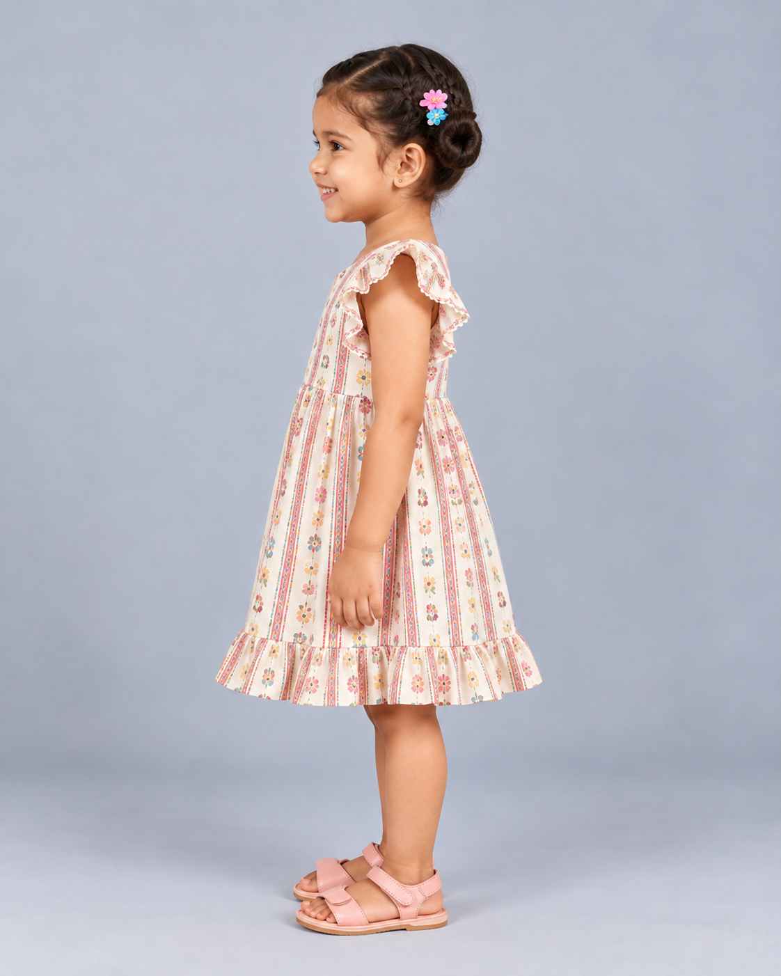 Kevora Apparels Girls’ Floral Print Flutter Sleeve Fit & Flare Dress - Multicolor