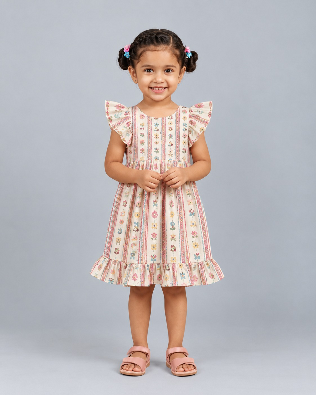 Kevora Apparels Girls’ Floral Print Flutter Sleeve Fit & Flare Dress - Multicolor