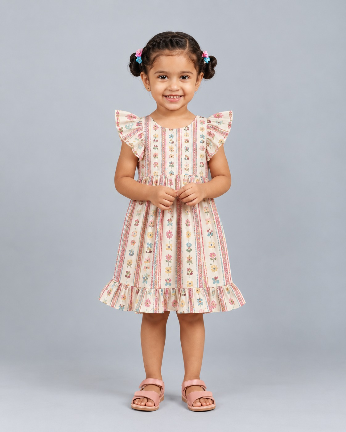 Kevora Apparels Girls’ Floral Print Flutter Sleeve Fit & Flare Dress - Multicolor