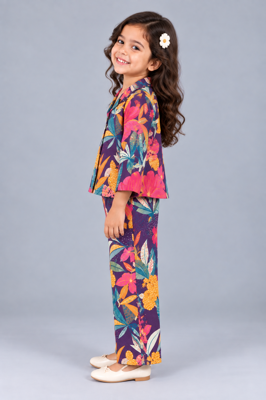 Kevora Apparels Girls’ Printed Floral Shirt Collar Co-Ord Set with Wide-Leg Palazzo - Multicolor