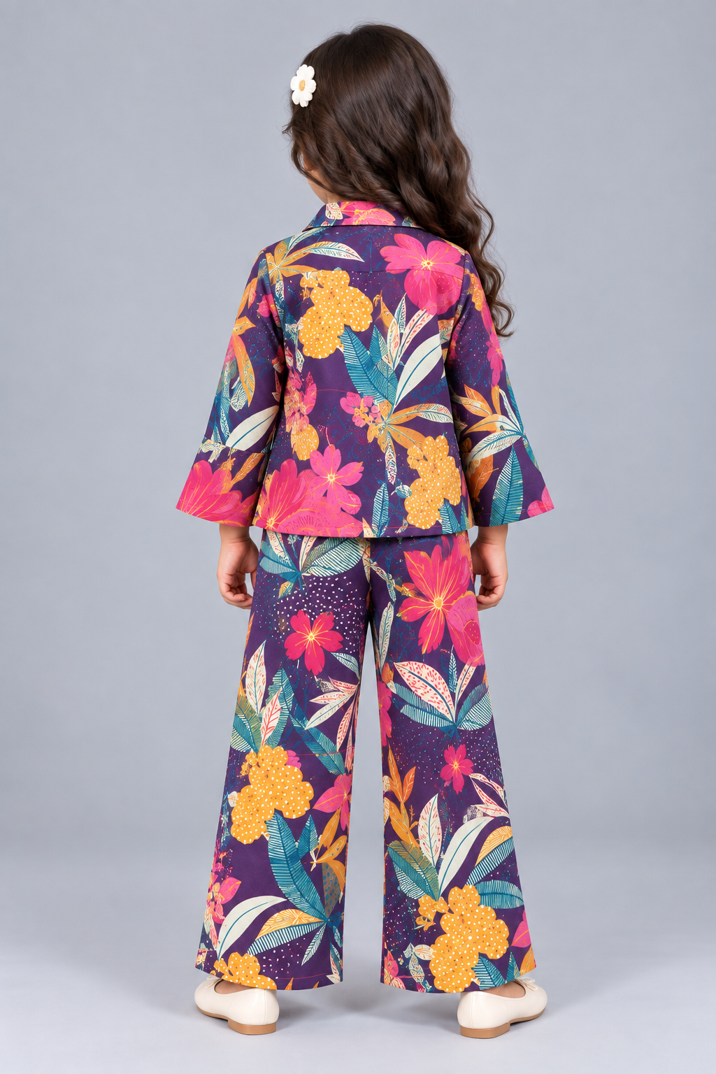 Kevora Apparels Girls’ Printed Floral Shirt Collar Co-Ord Set with Wide-Leg Palazzo - Multicolor