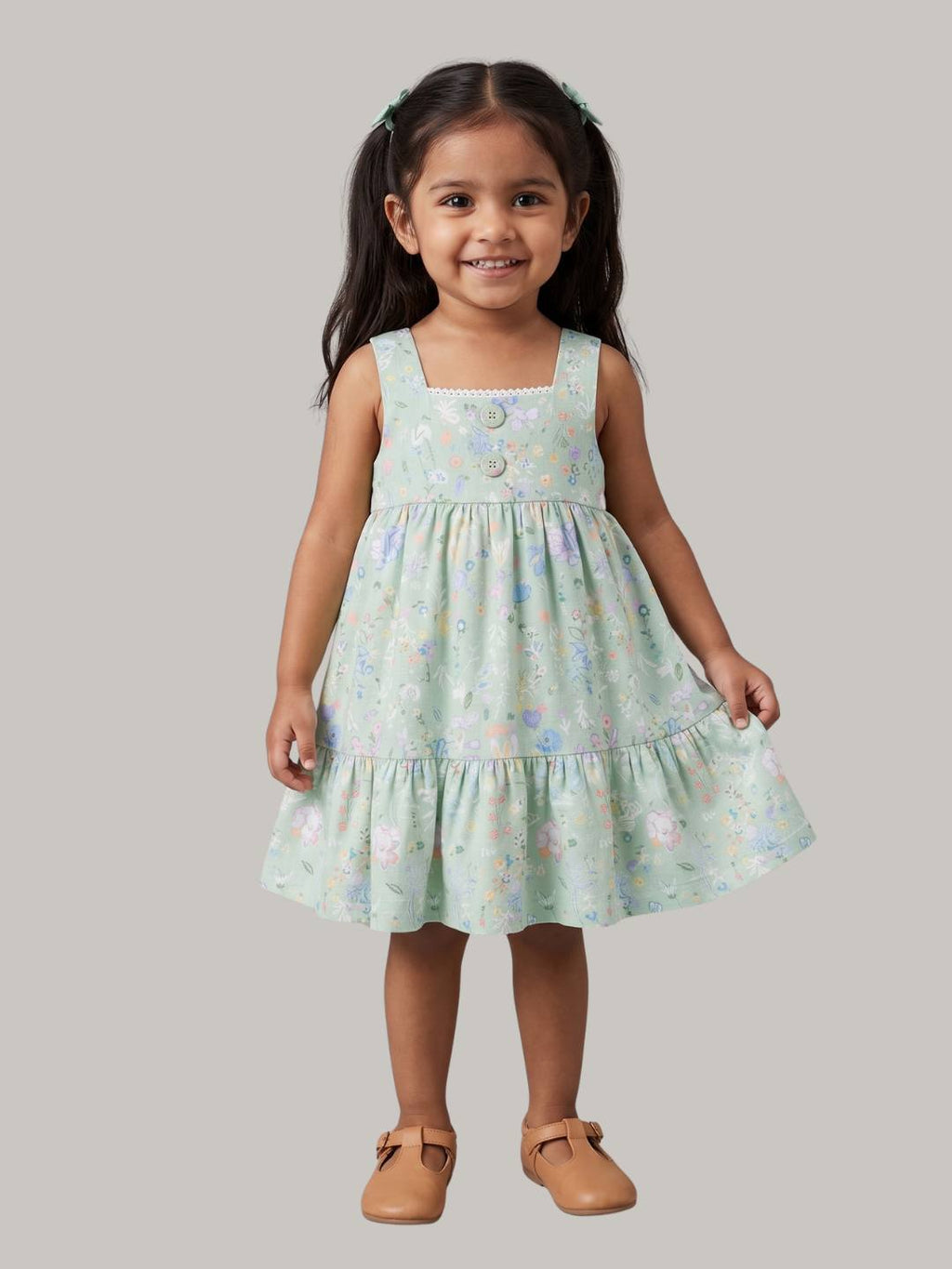 Girls Mint Green Floral Dress with Ruffle Hem