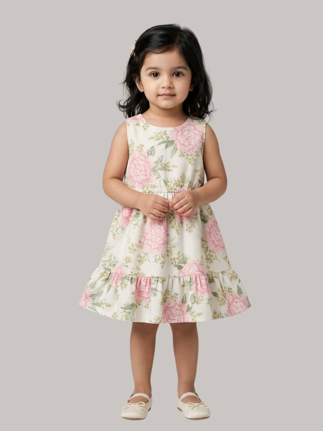 Cream floral sleeveless dress with soft ruffle hem detail.