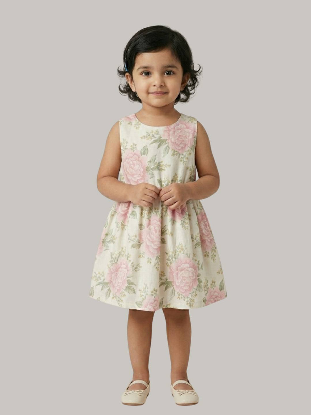 Cream floral A-line dress with soft pink flower print.