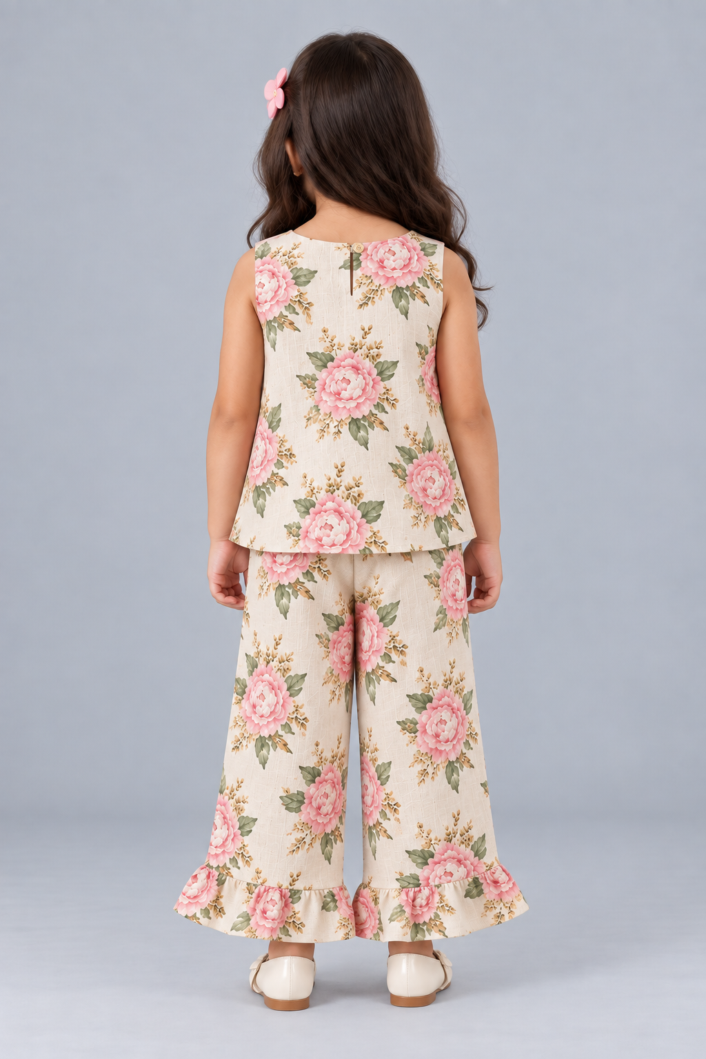 Kevora Apparels Girls’ Floral Printed Sleeveless Top with Ruffle-Hem Palazzo Set - Cream