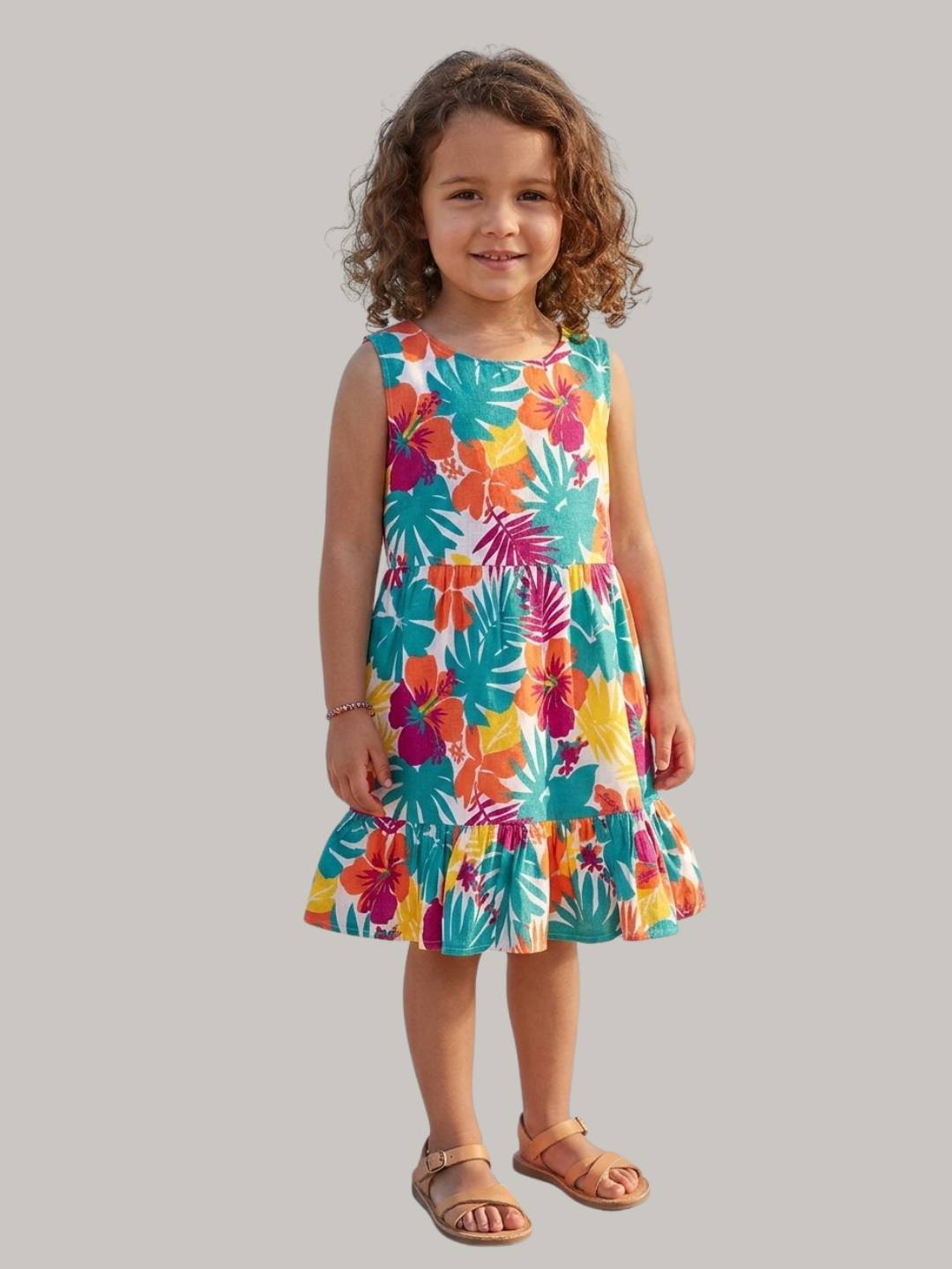 Bright tropical floral dress with sleeveless design and ruffle hem