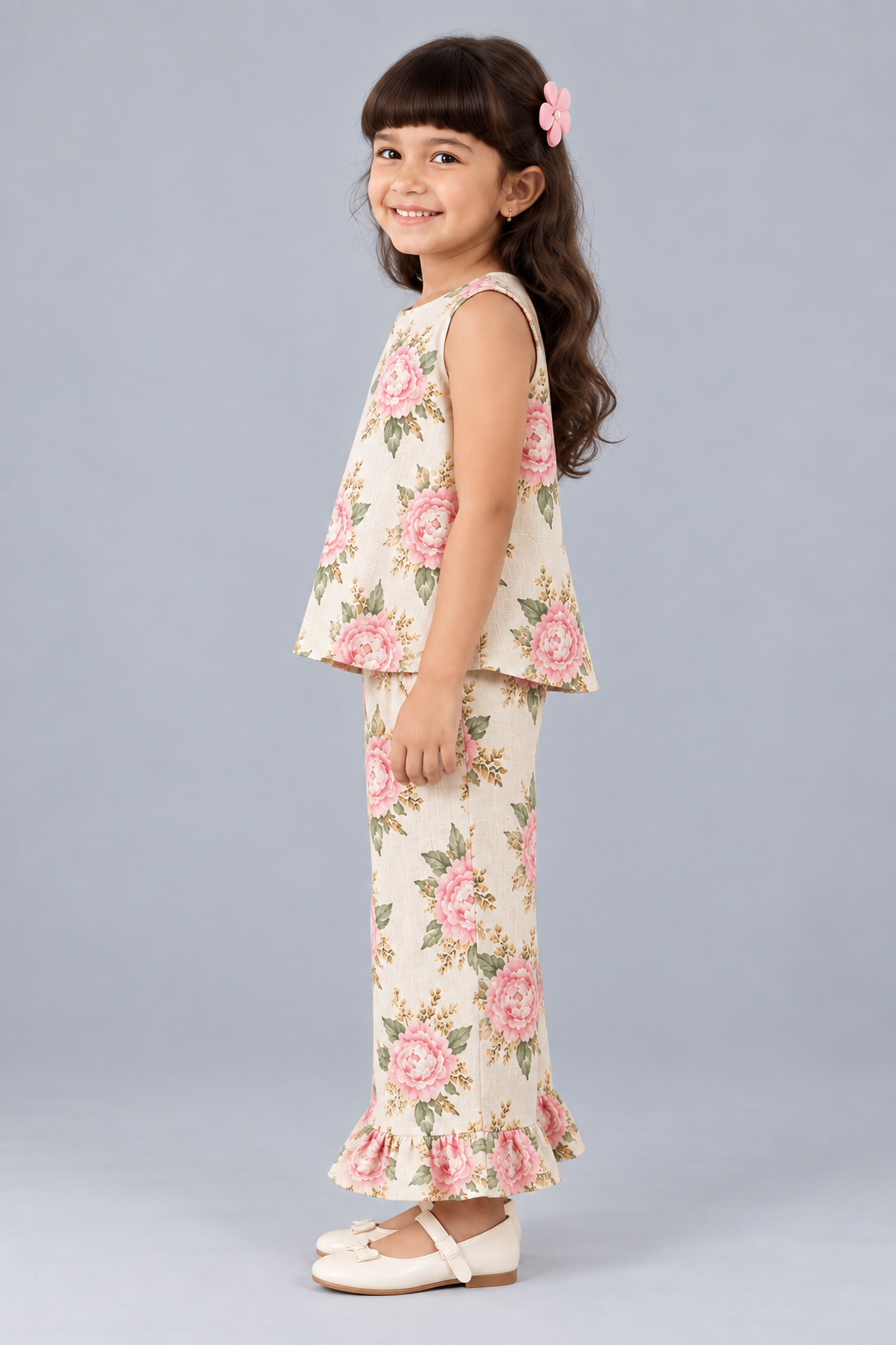 Kevora Apparels Girls’ Floral Printed Sleeveless Top with Ruffle-Hem Palazzo Set - Cream