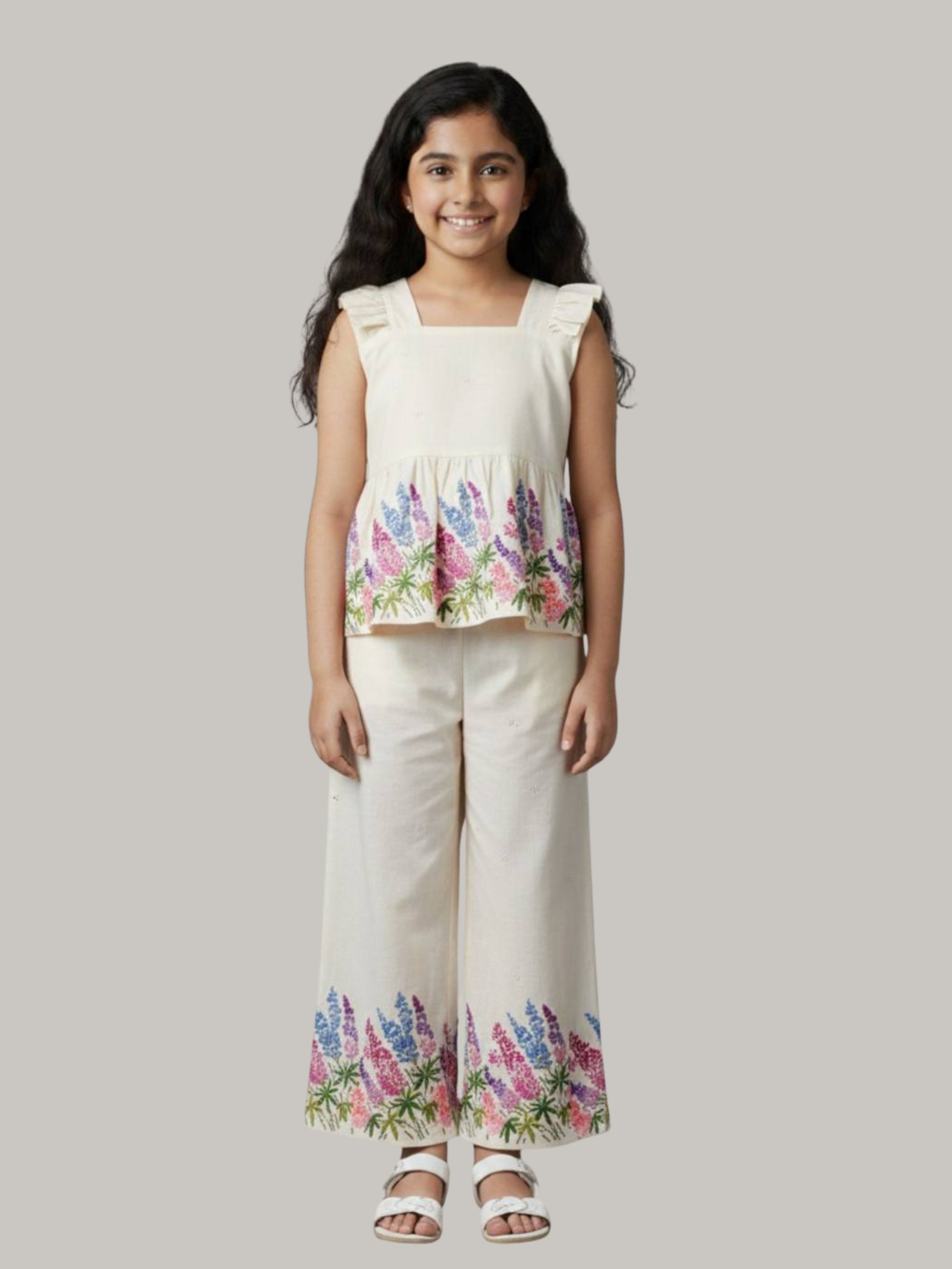Girls' Off-White Floral Print Peplum Top with Wide-Leg Pants Co-Ord Set