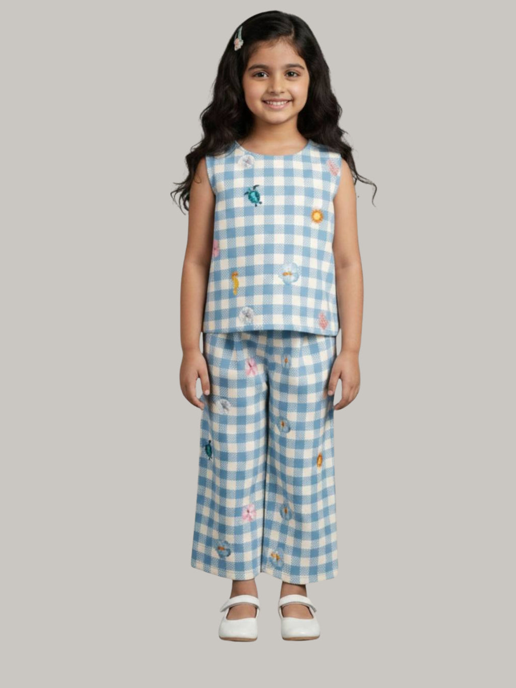 Girls' Blue Gingham Checked Sleeveless Top with Wide-Leg Pants Co-Ord Set