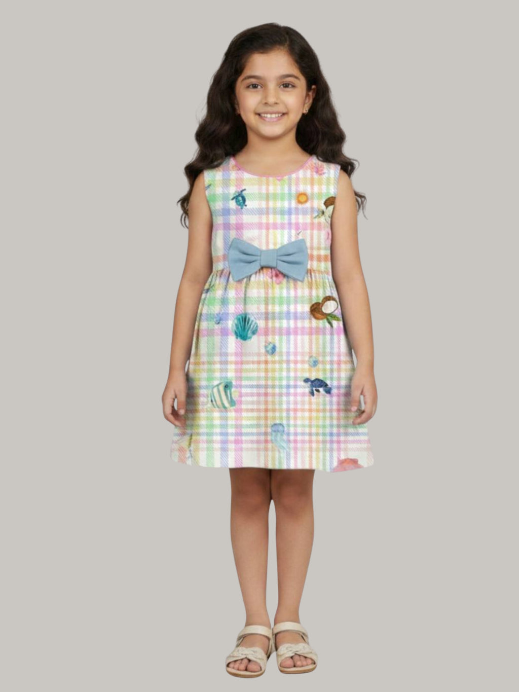 Girls' Pastel Plaid Printed A-Line Dress with Contrast Bow