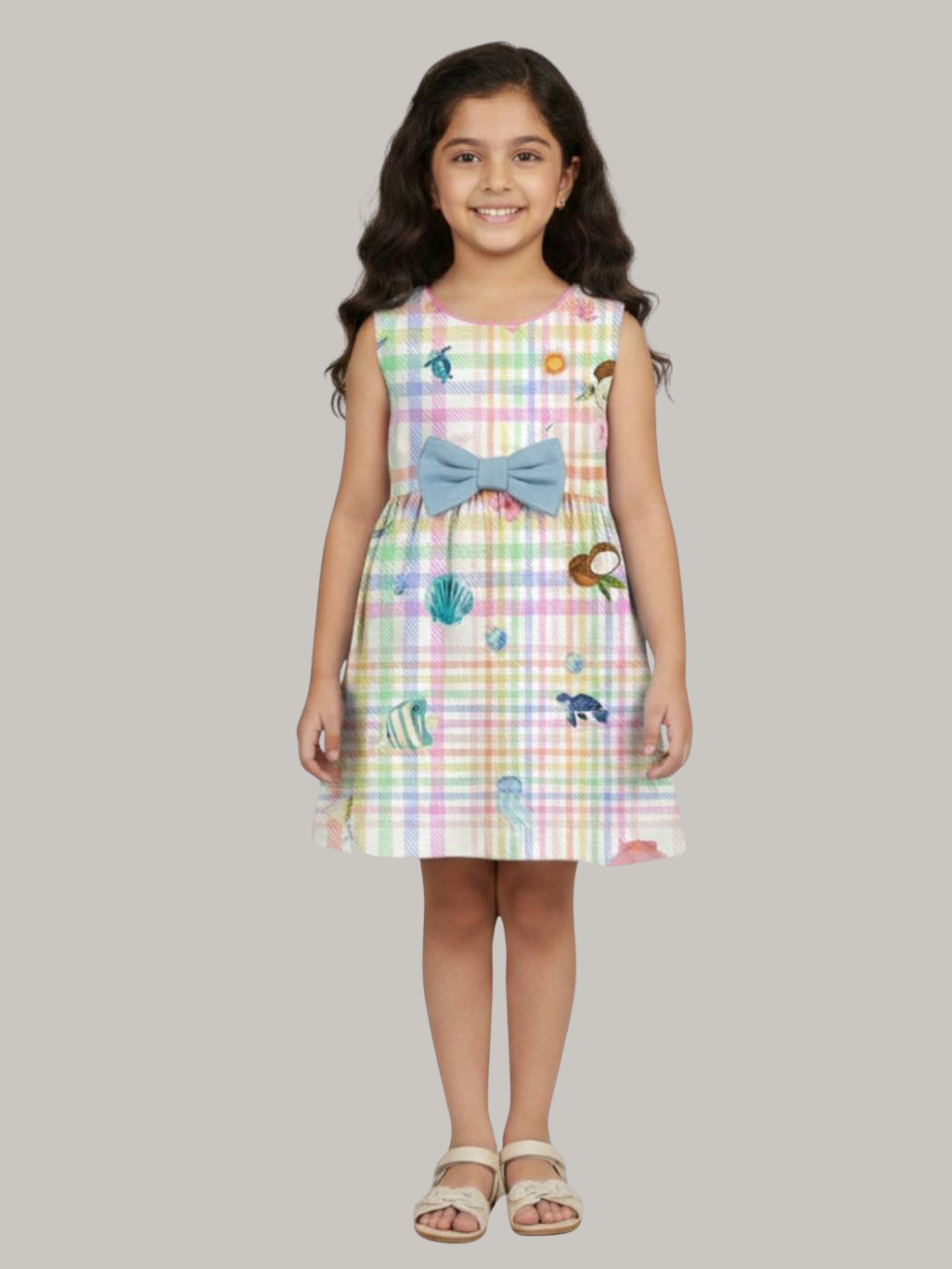 Girls' Pastel Plaid Printed A-Line Dress with Contrast Bow