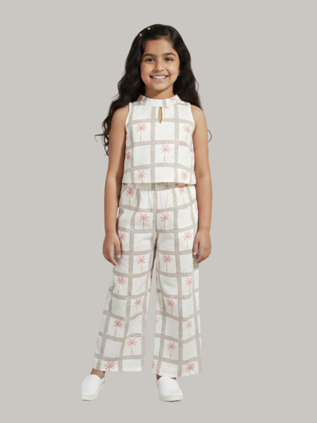 Girls Checked Printed Co-Ord Set with Sleeveless Keyhole Top & Wide Leg Pants