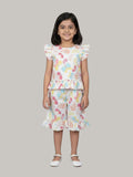Girls' Multicolor Butterfly Print Ruffle Top with Flared Capri Pants Co-Ord Set
