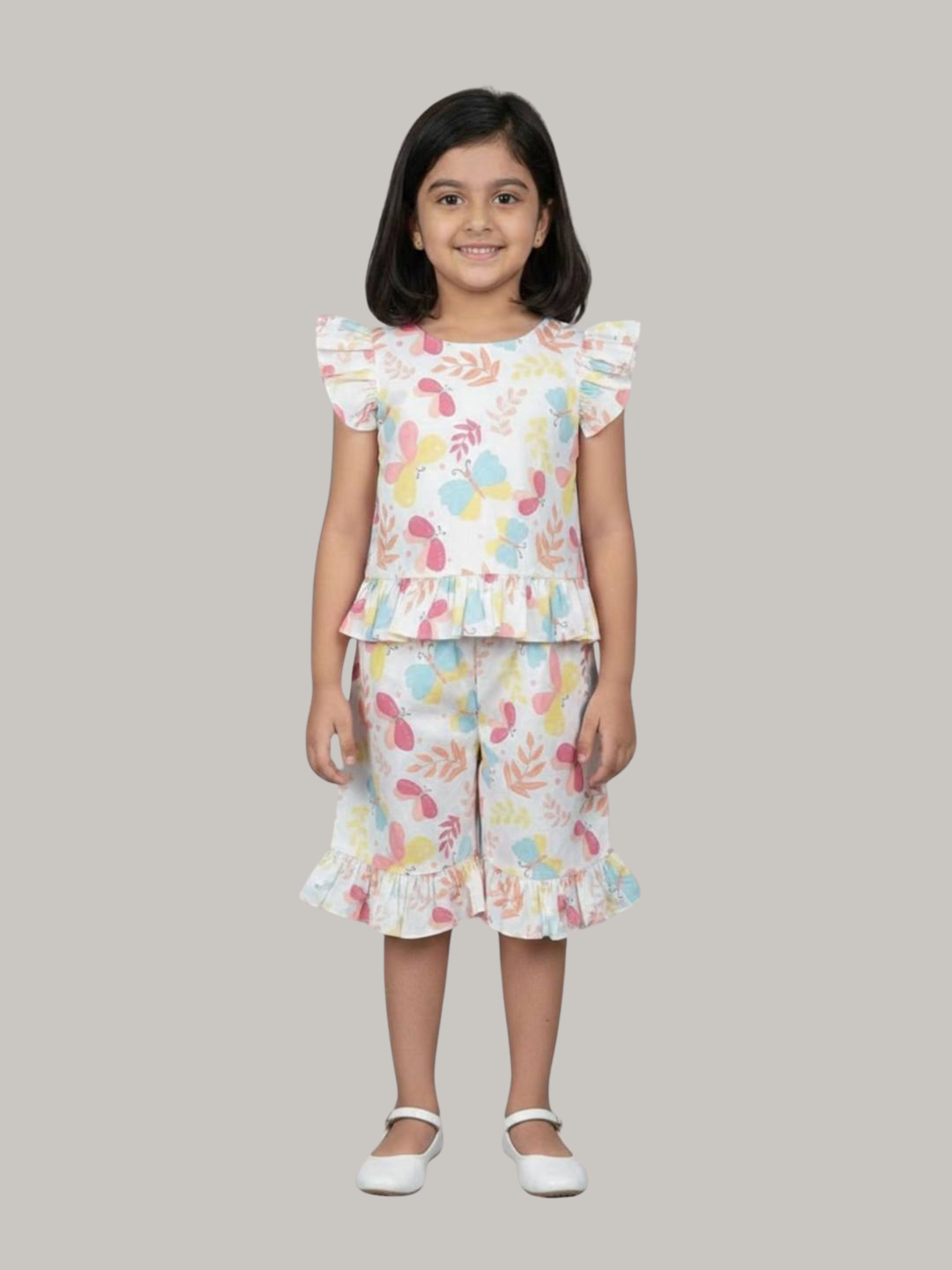 Girls' Multicolor Butterfly Print Ruffle Top with Flared Capri Pants Co-Ord Set