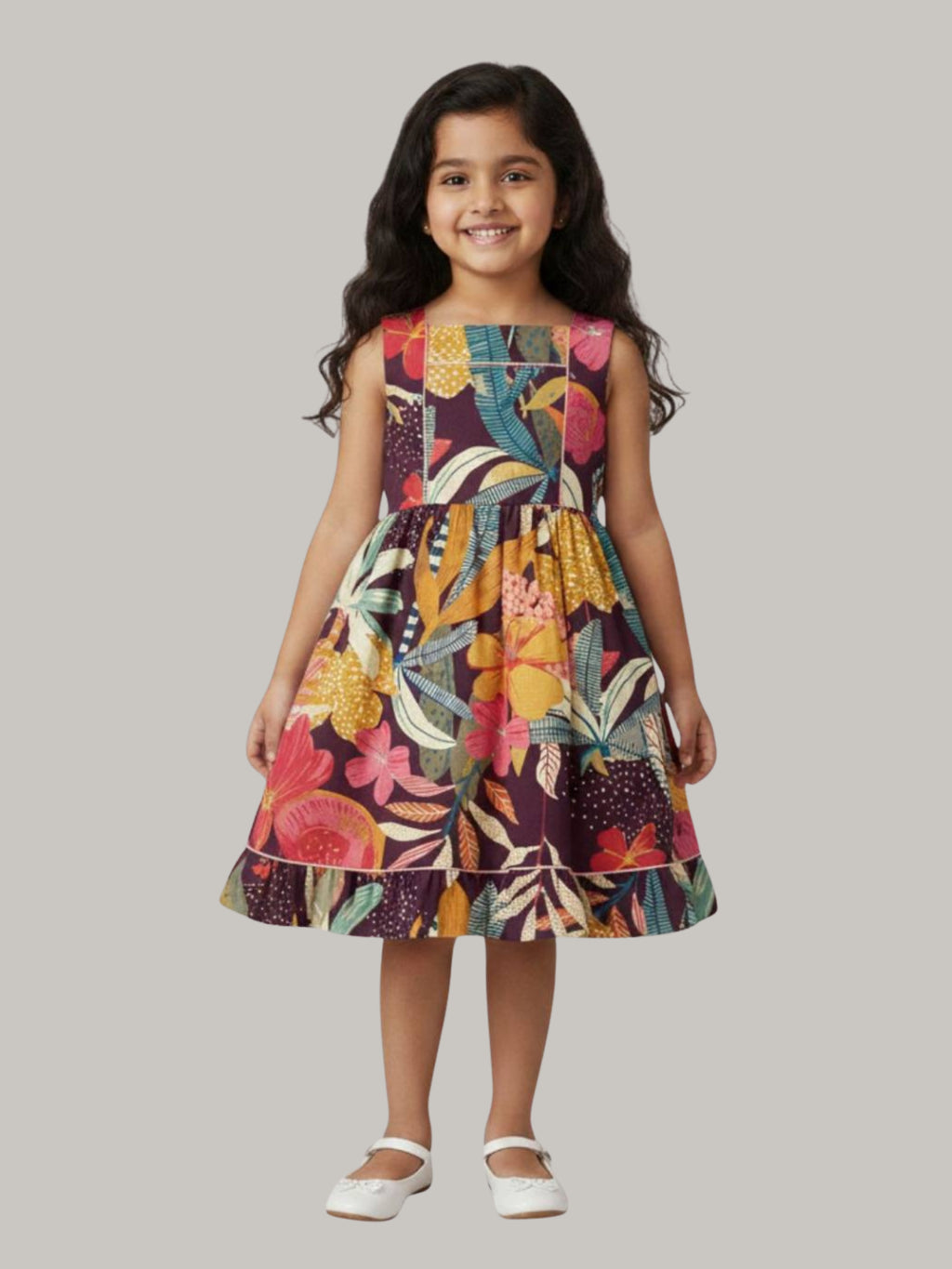 Tropical floral printed sleeveless flare dress for girls.