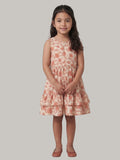 Peach floral printed sleeveless tiered dress for girls.