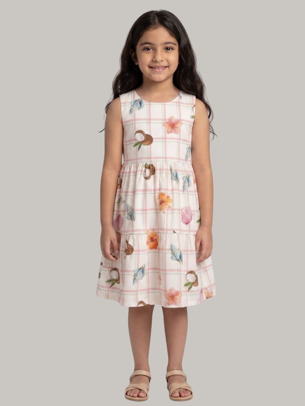 Girls' White Tropical Print Sleeveless Fit & Flare Dress