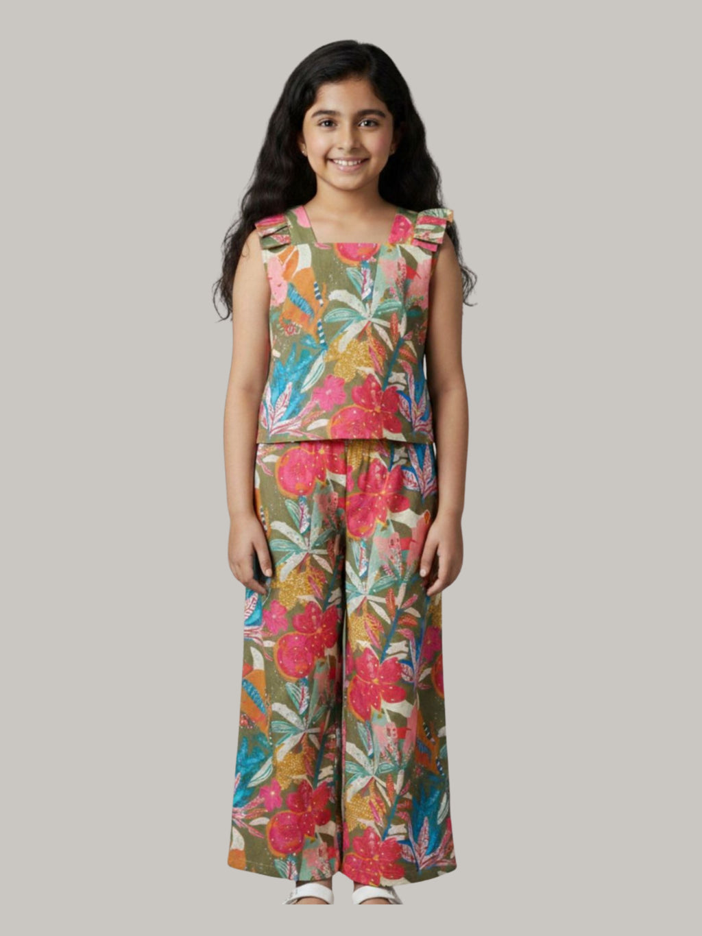 Girls Floral Printed Co-Ord Set with Sleeveless Top & Wide Leg Pants