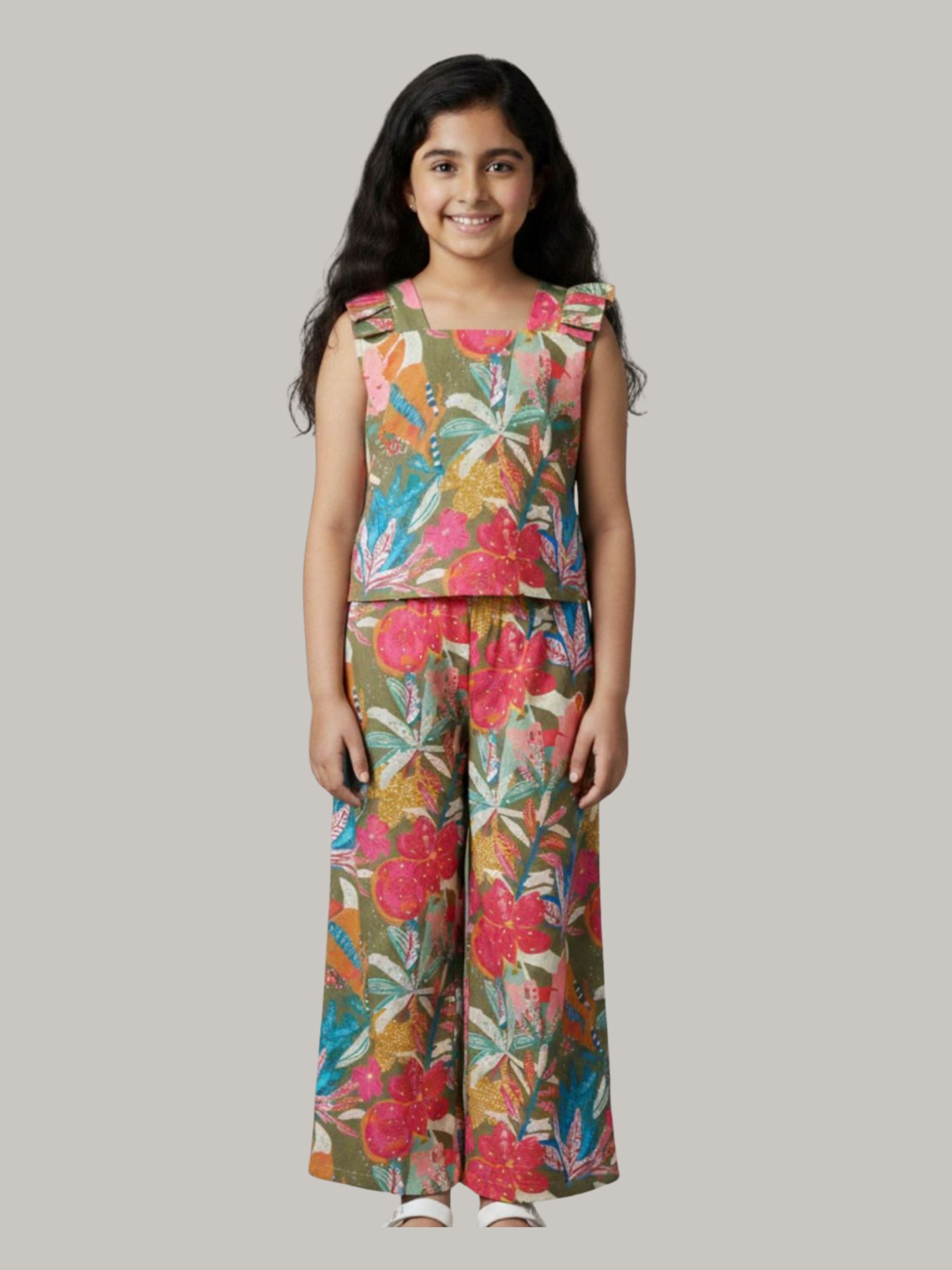 Girls Floral Printed Co-Ord Set with Sleeveless Top & Wide Leg Pants