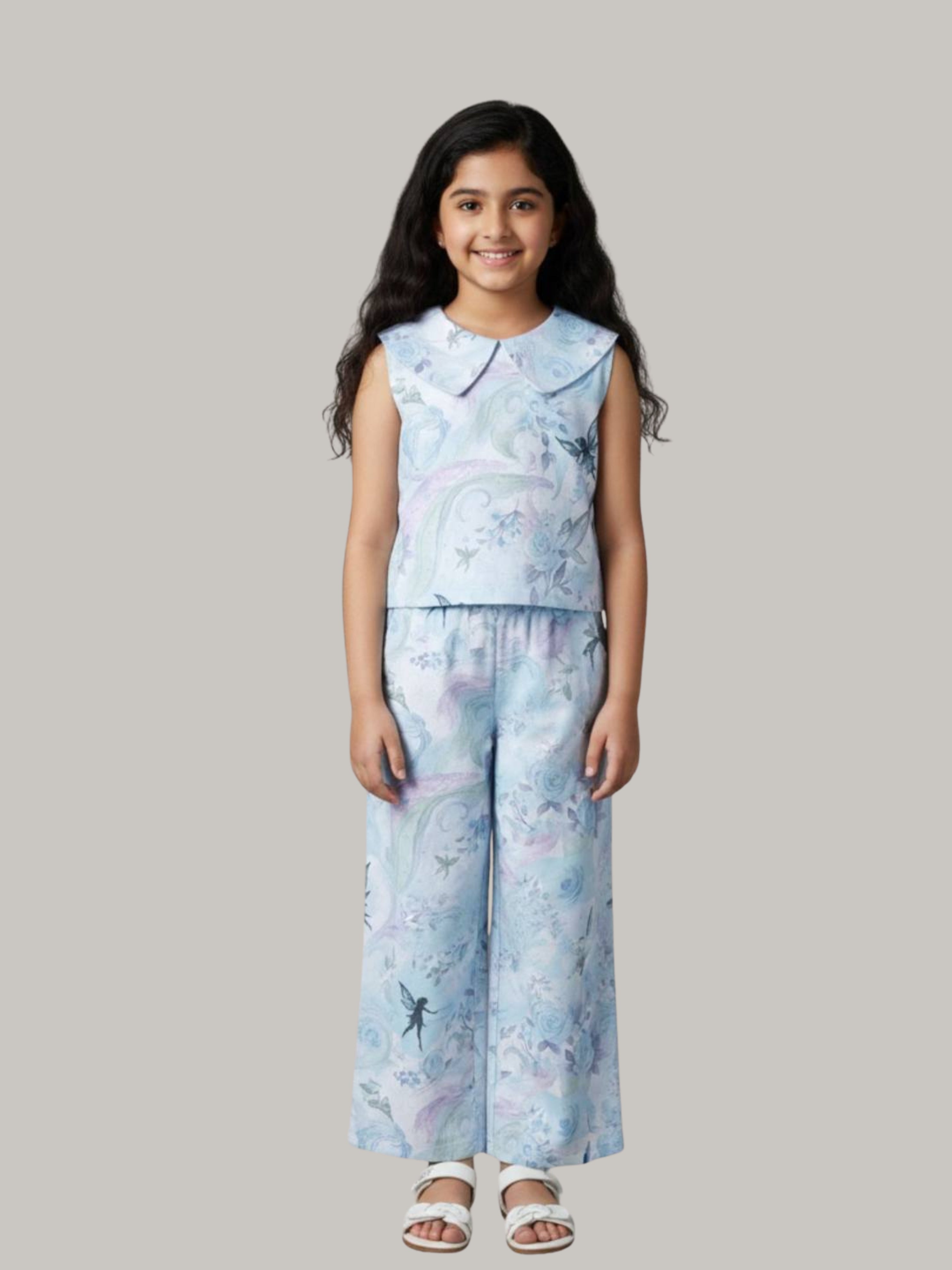 Girls' Elegant Blue Printed Top & Wide-Leg Pants Outfit