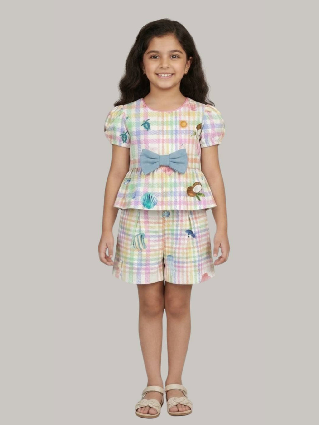 Girls' Multicolor Plaid Printed Top & Shorts Co-Ord Set
