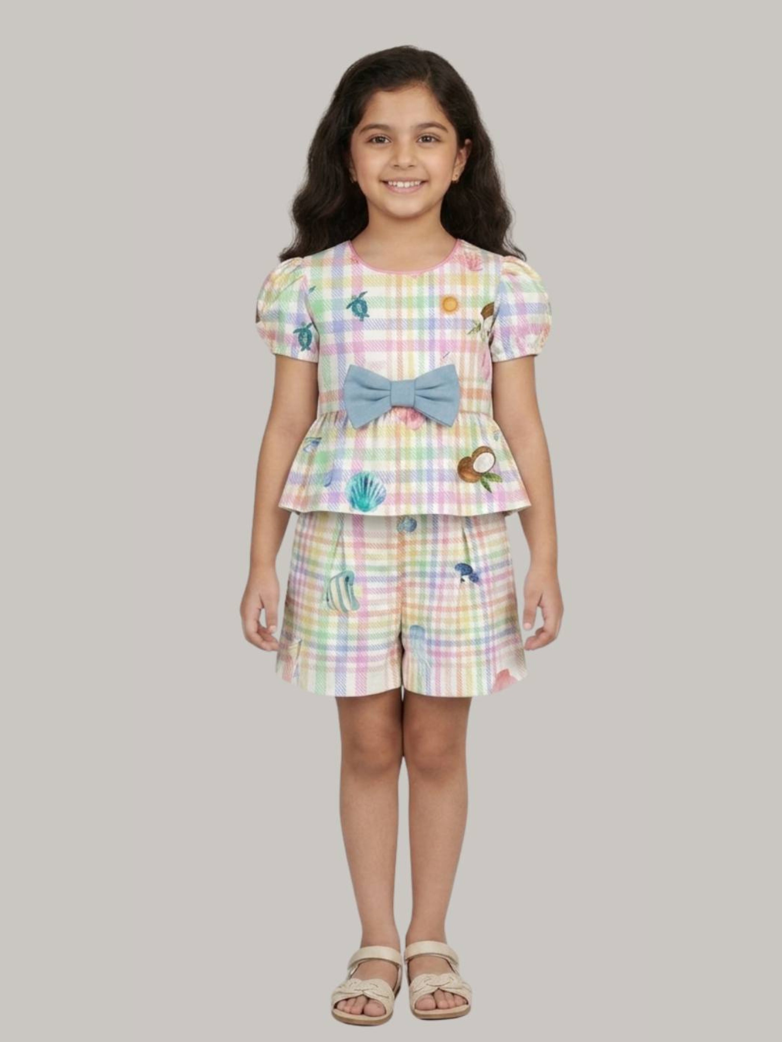 Girls' Multicolor Plaid Printed Top & Shorts Co-Ord Set