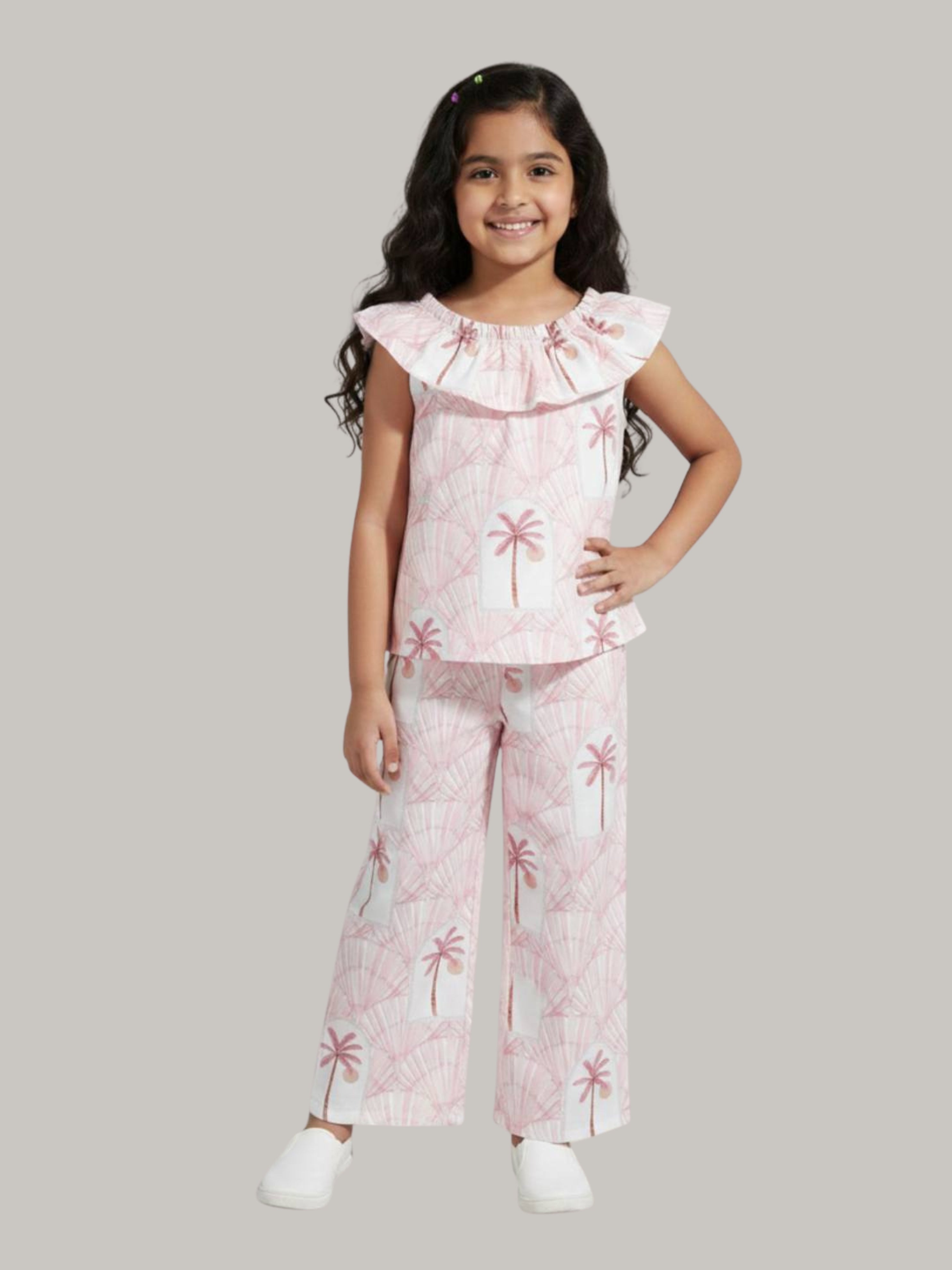 Girls' Pink Palm Tree Printed Co-Ord Set with Palazzo Pants