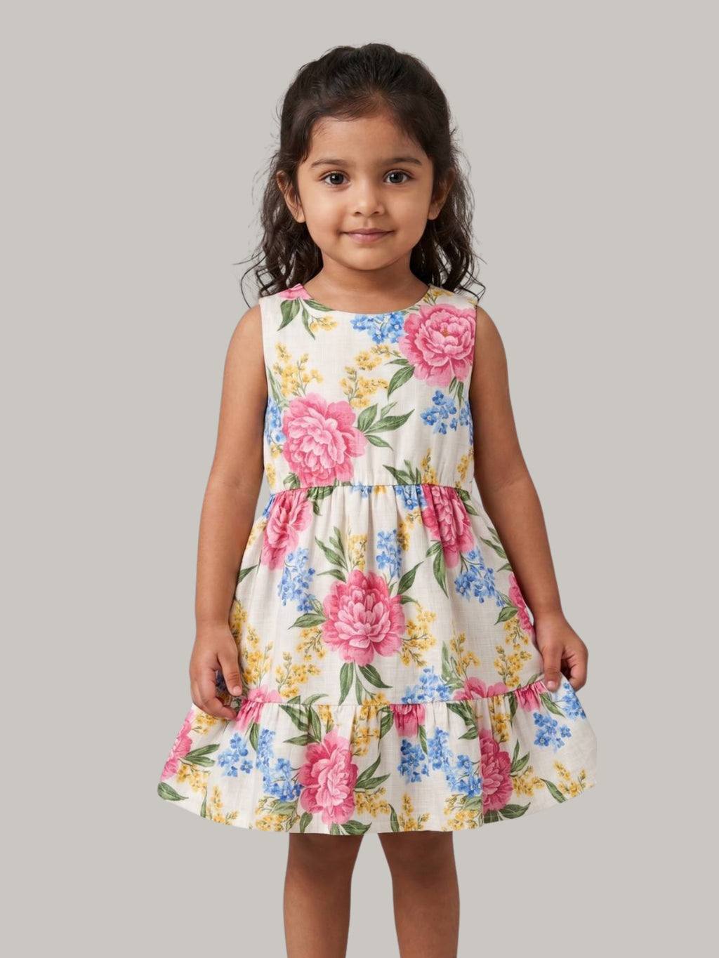Girls Floral Sleeveless Tiered Cotton Dress