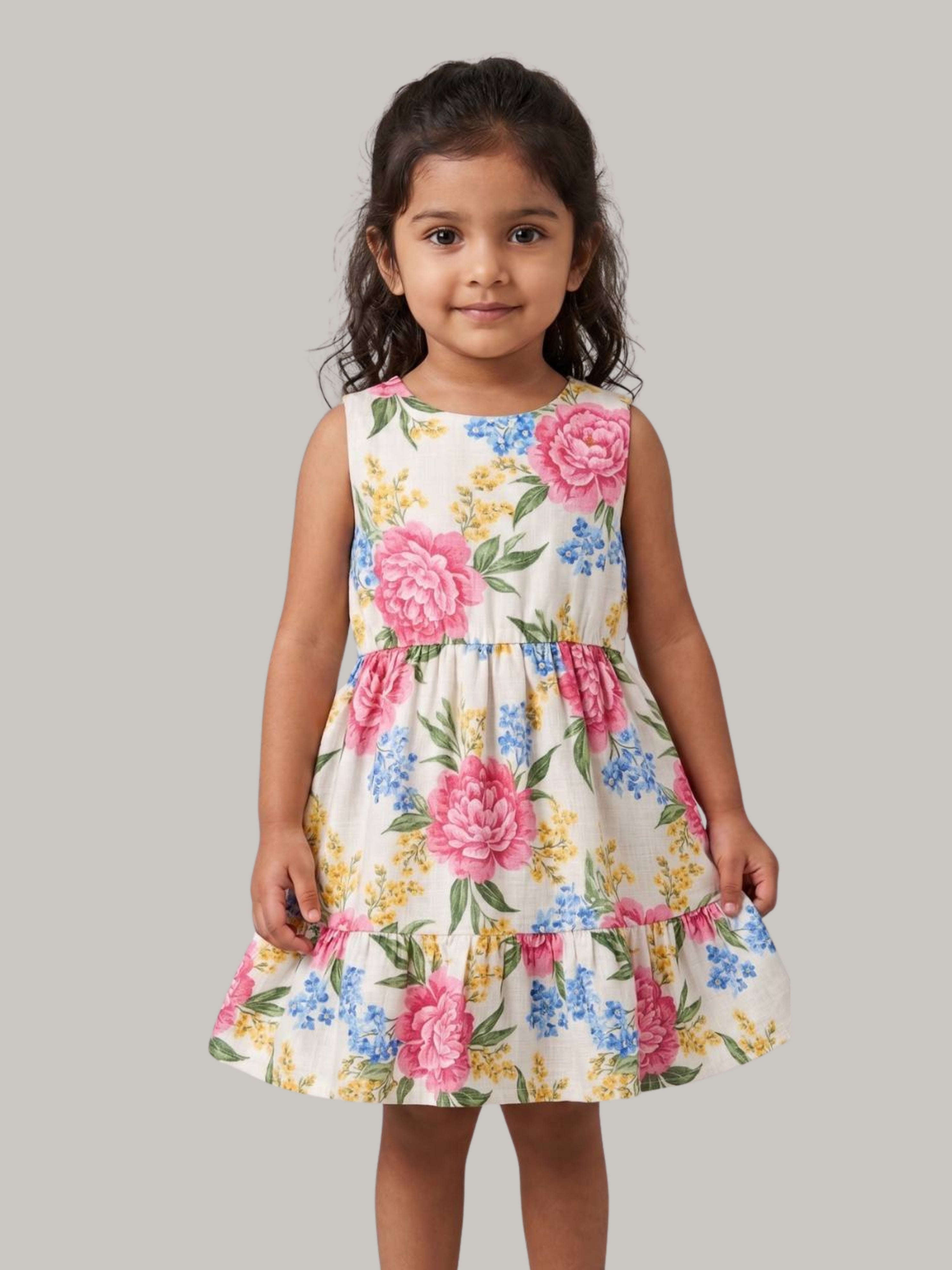 Girls Floral Sleeveless Tiered Cotton Dress