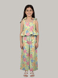Girls Floral Printed Co-Ord Set with Tie-Up Shoulder Peplum Top & Wide Leg Pants