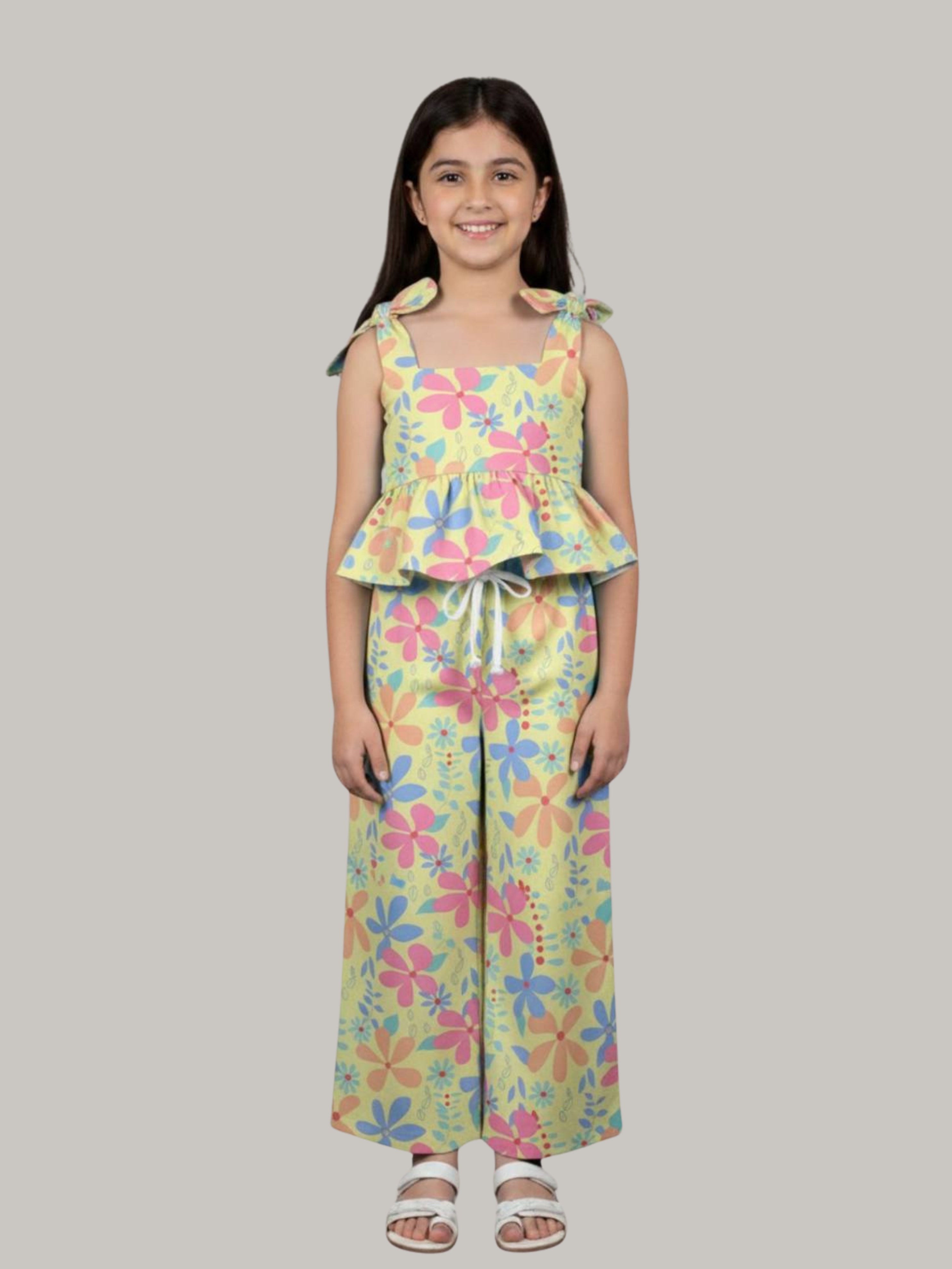 Girls Floral Printed Co-Ord Set with Tie-Up Shoulder Peplum Top & Wide Leg Pants