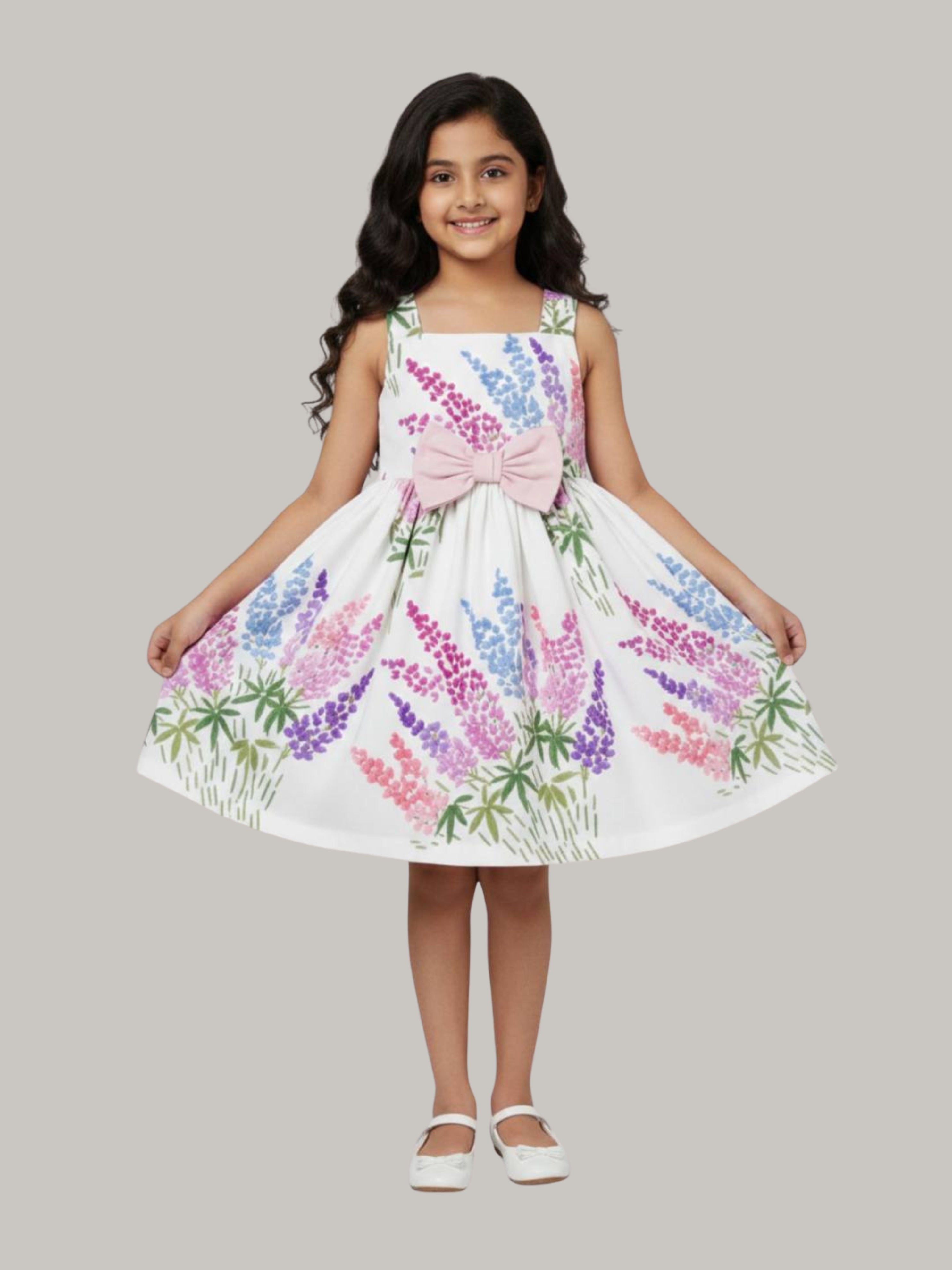 Girls' White Floral Print Fit & Flare Party Dress with Pink Bow