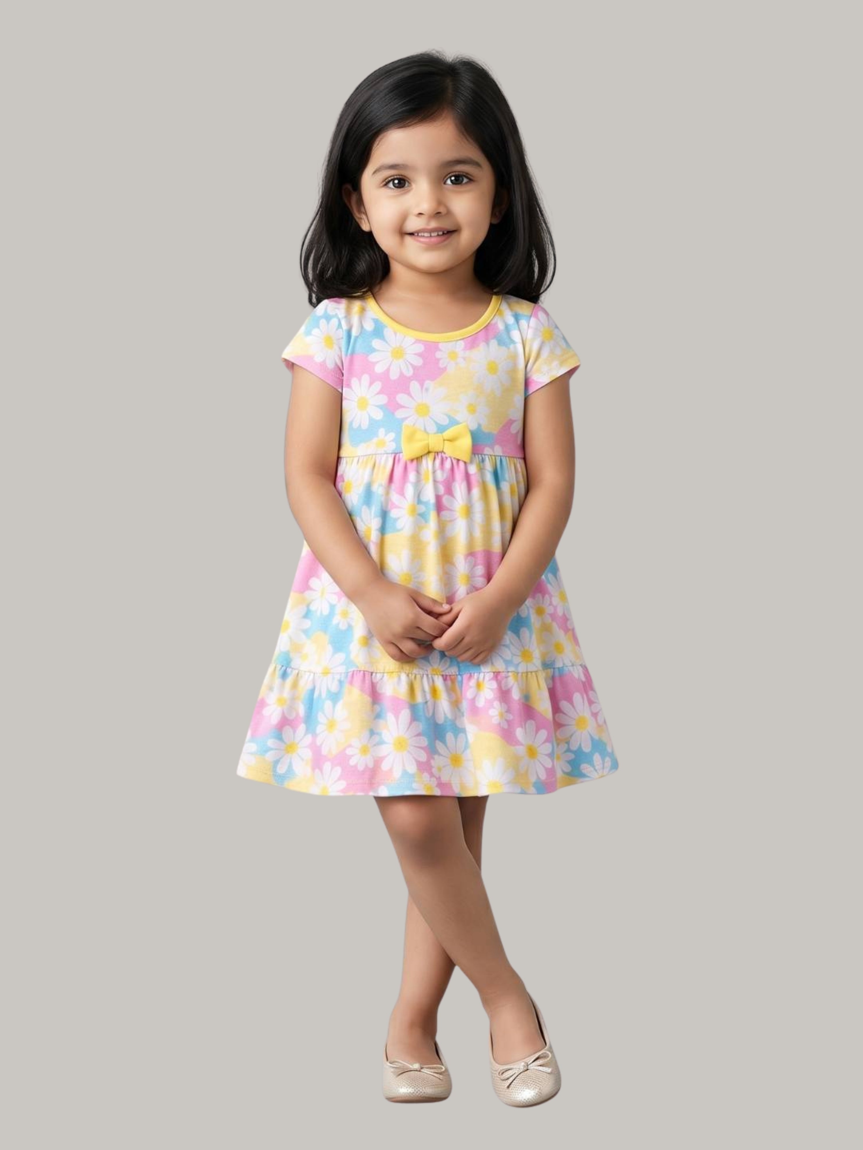 Girls' Pastel Floral Print Short Sleeve Dress