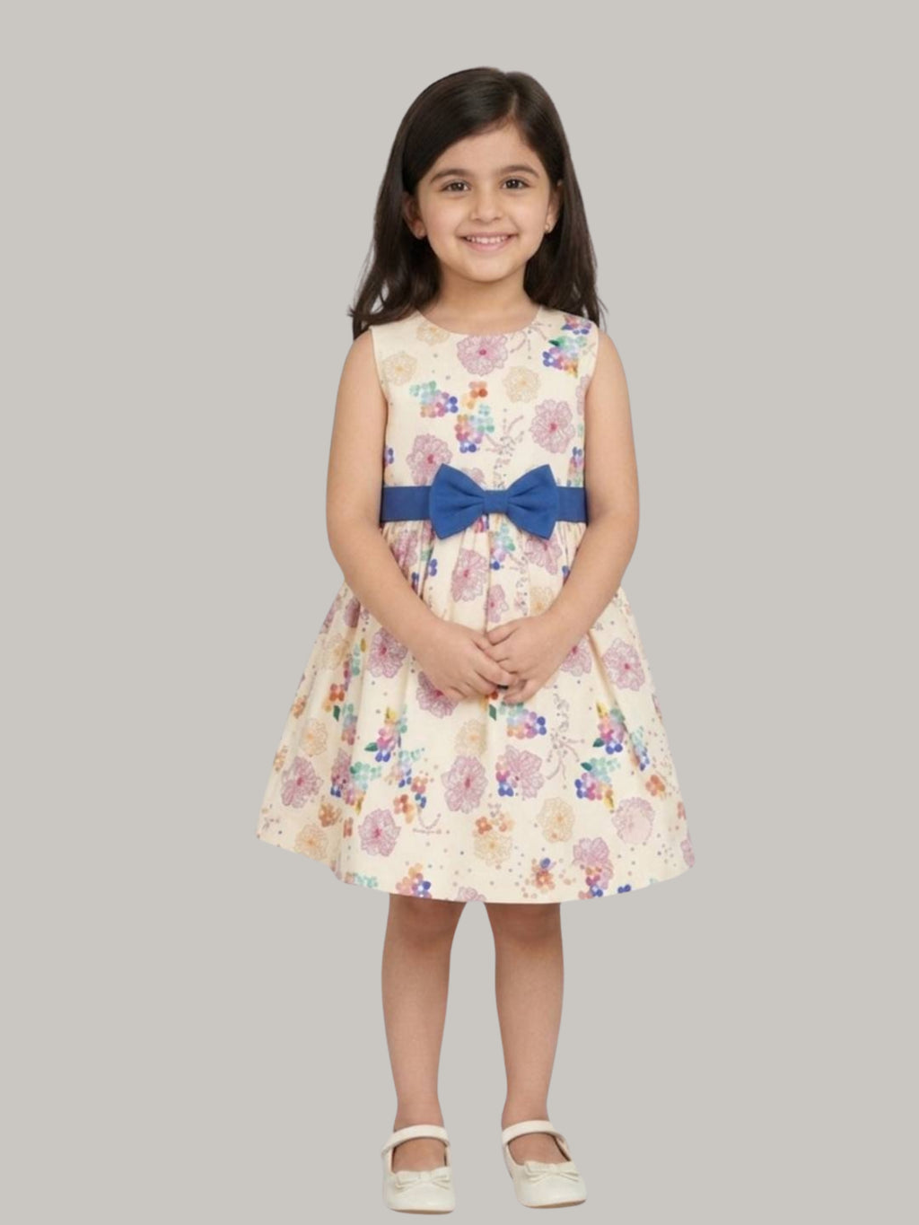 Girls' Cream Floral Print Fit & Flare Dress with Contrast Blue Bow