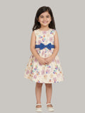 Girls' Cream Floral Print Fit & Flare Dress with Contrast Blue Bow