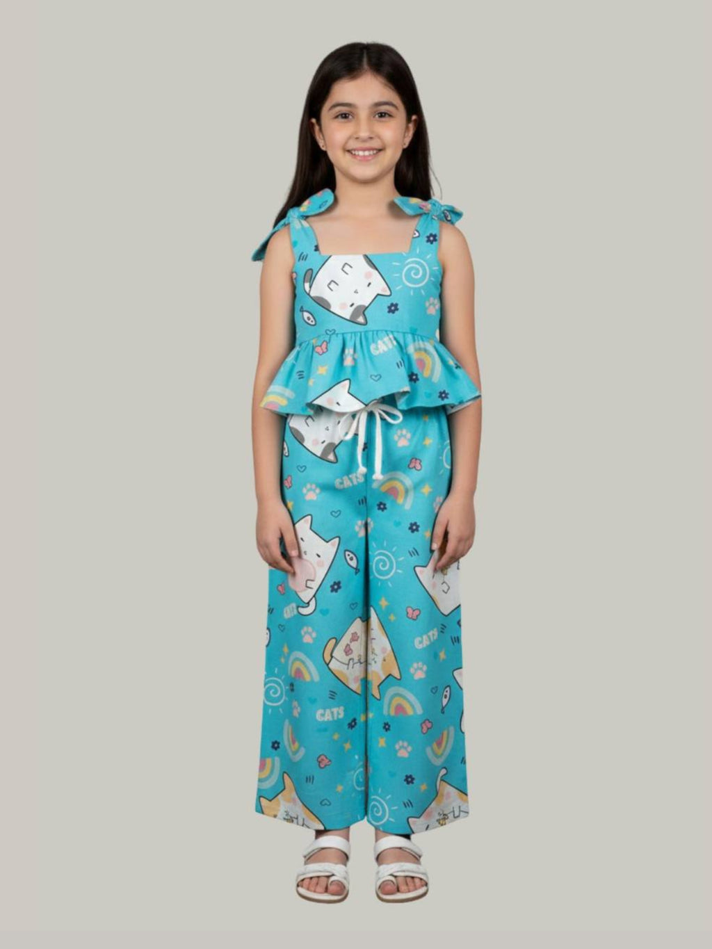 Girls Cat Print Co-Ord Set with Sleeveless Peplum Top & Wide Leg Pants