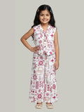 Girls Ethnic Printed Co-Ord Set with Sleeveless Buttoned Top & Wide Leg Pants