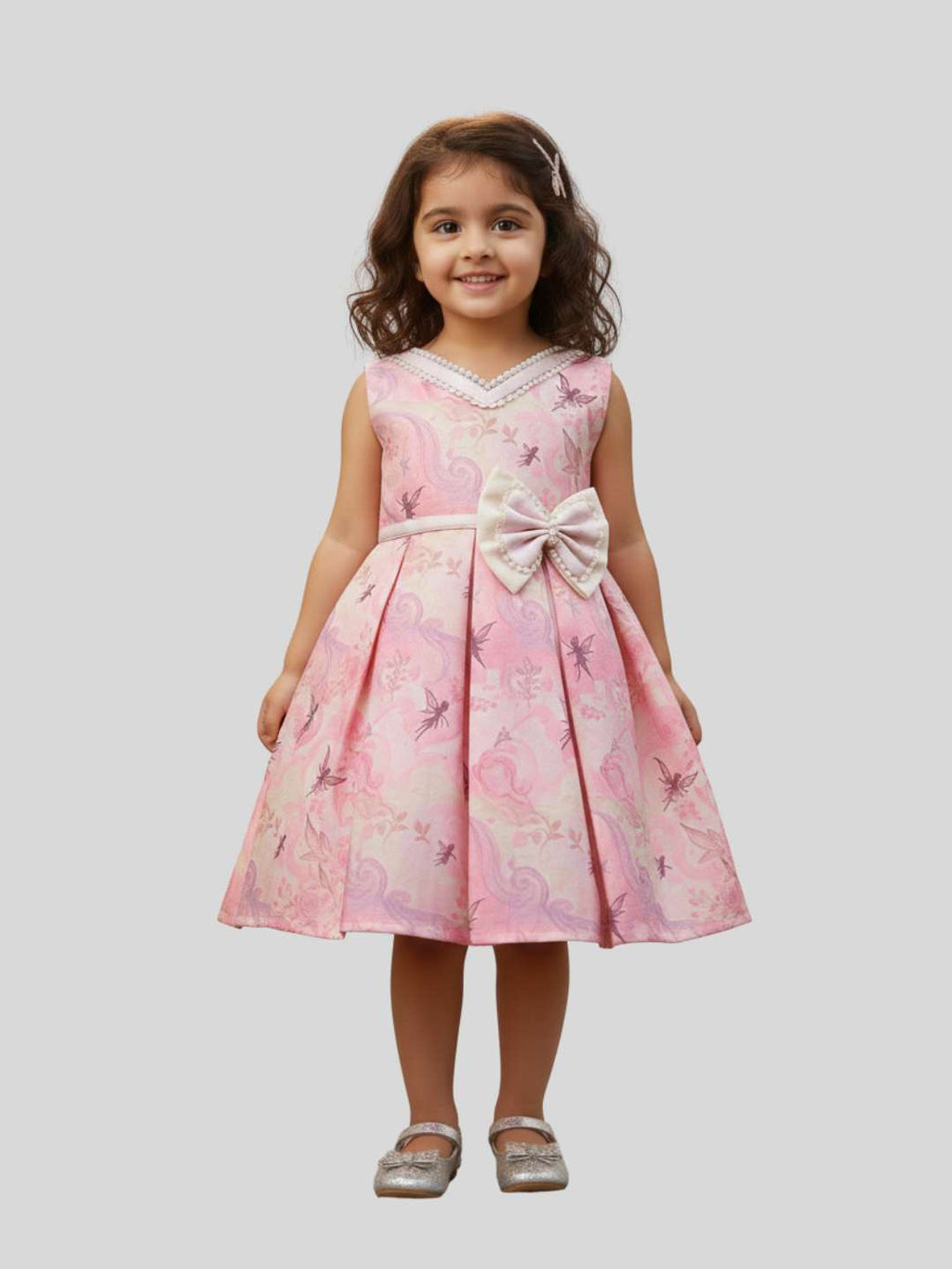 Girls Printed Sleeveless Party Wear Fit & Flare Dress with Bow Detail