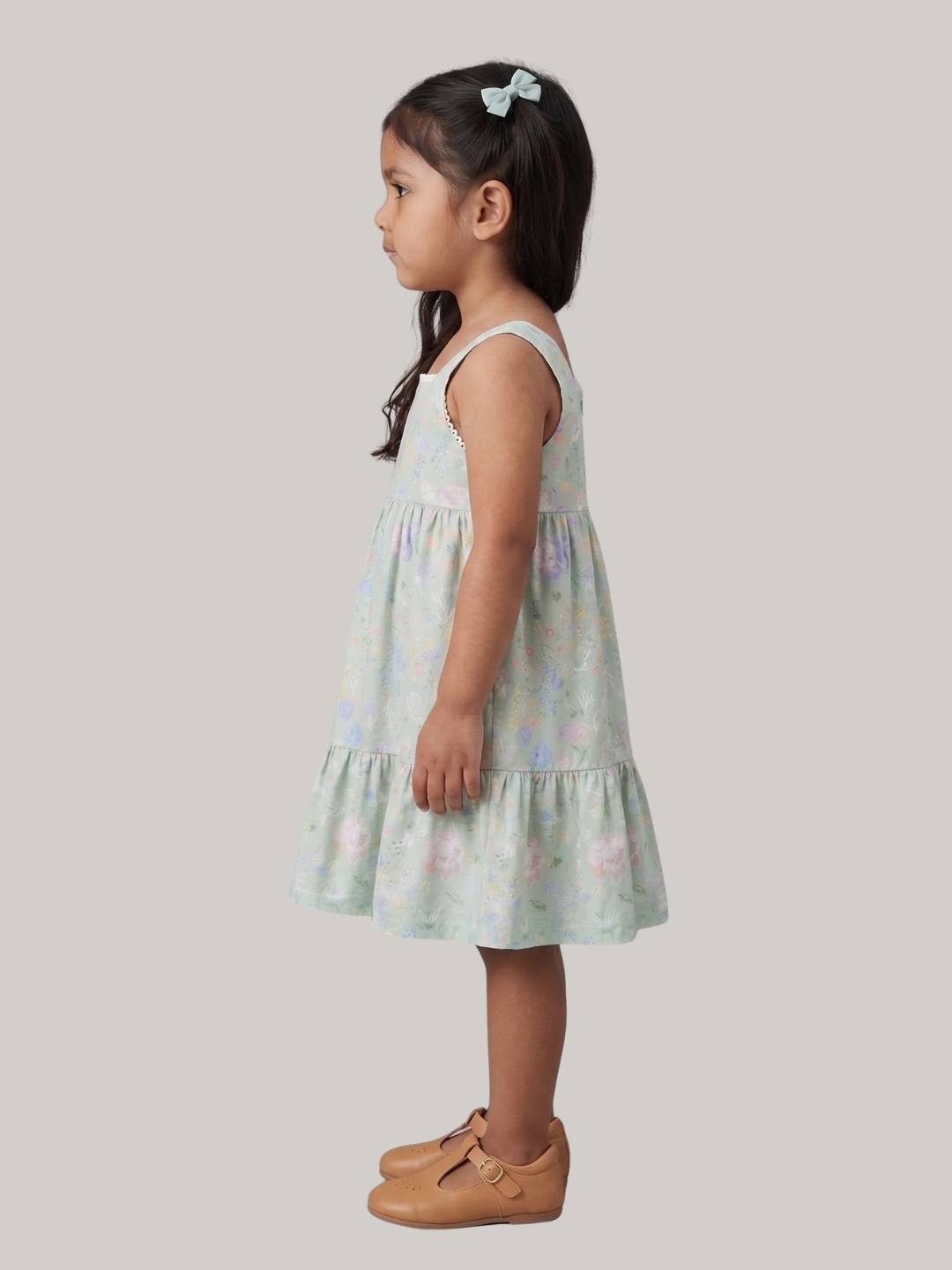 Girls Mint Green Floral Dress with Ruffle Hem