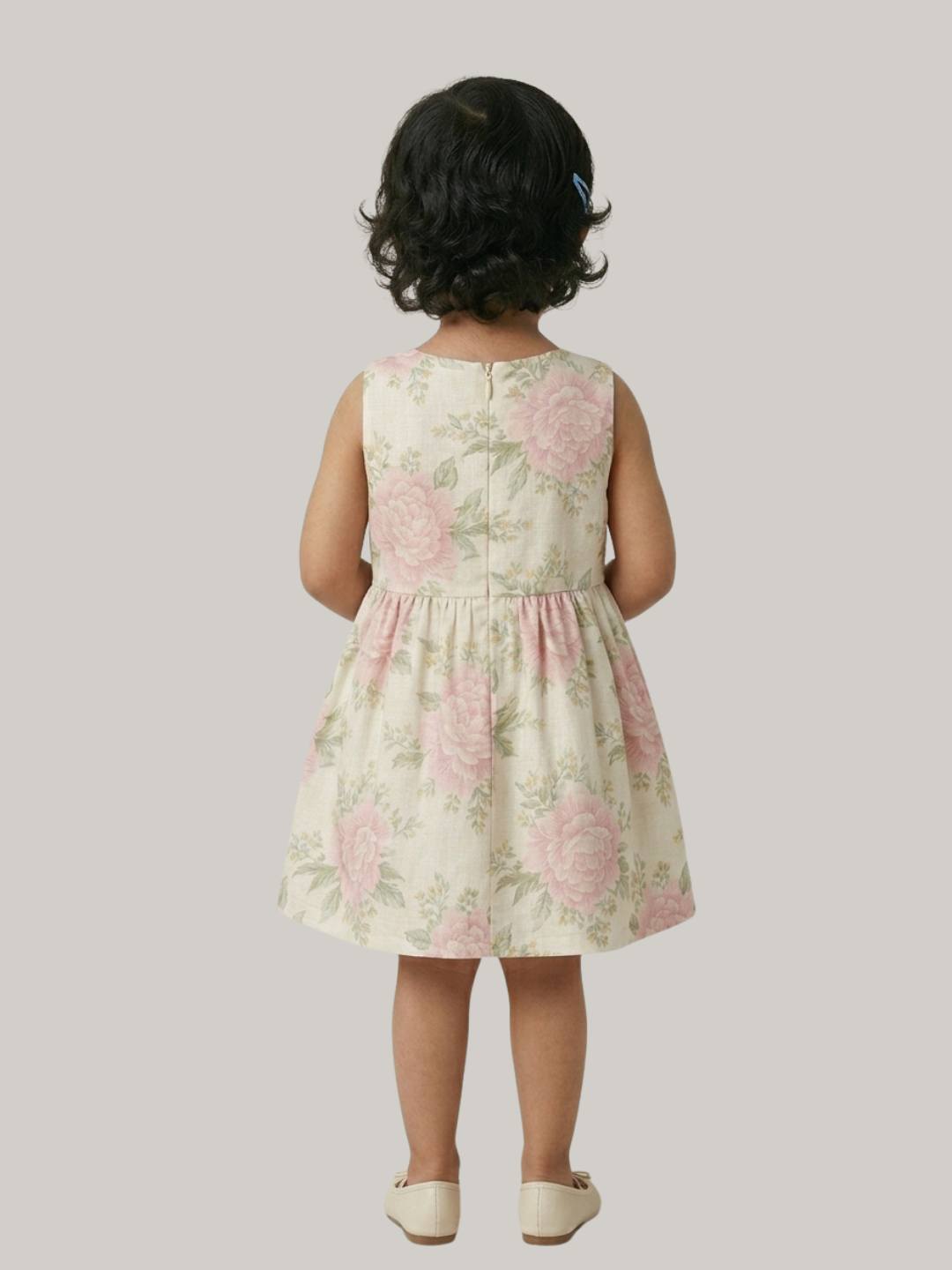Cream floral A-line dress with soft pink flower print.
