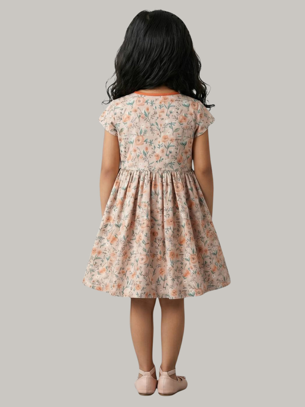 Girls' Peach Floral Print Fit & Flare Dress