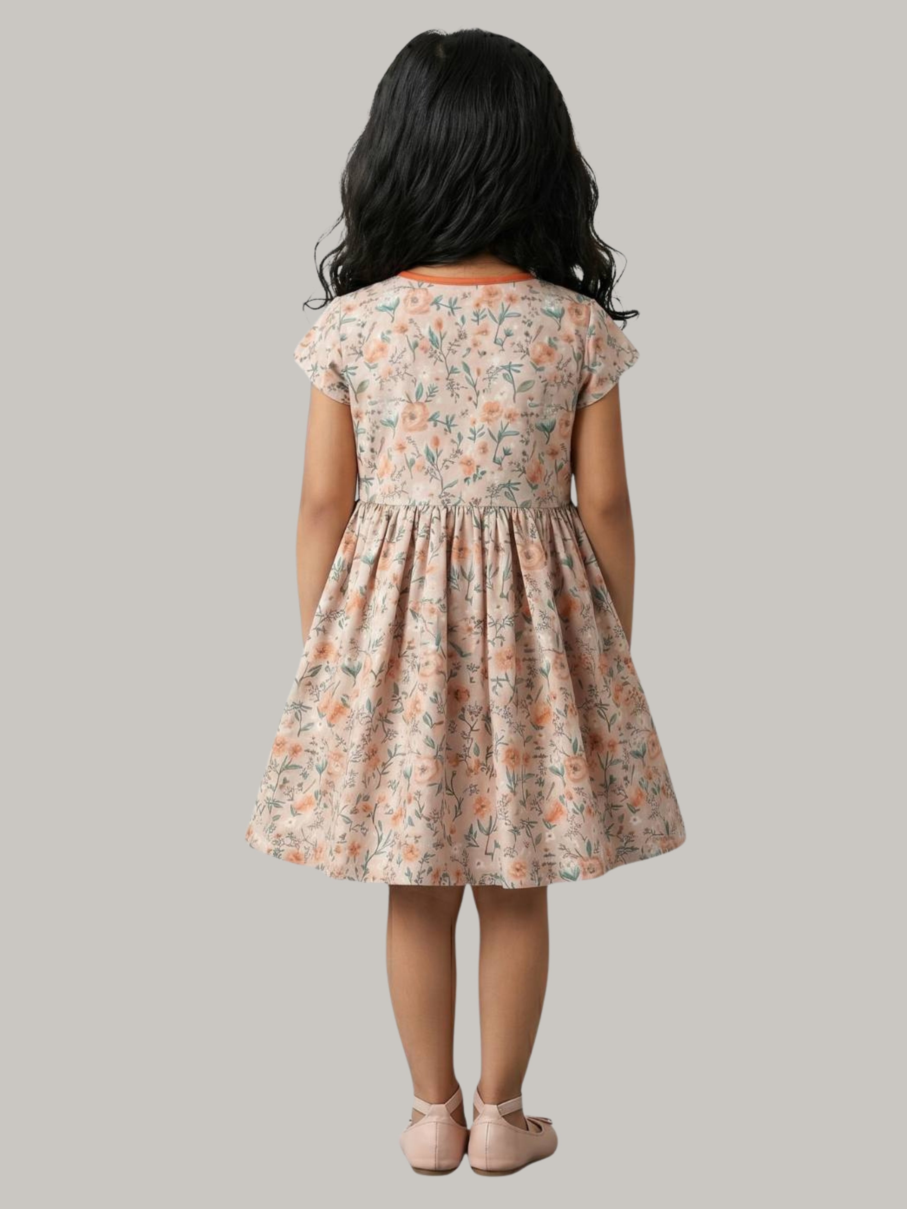 Girls' Peach Floral Print Fit & Flare Dress