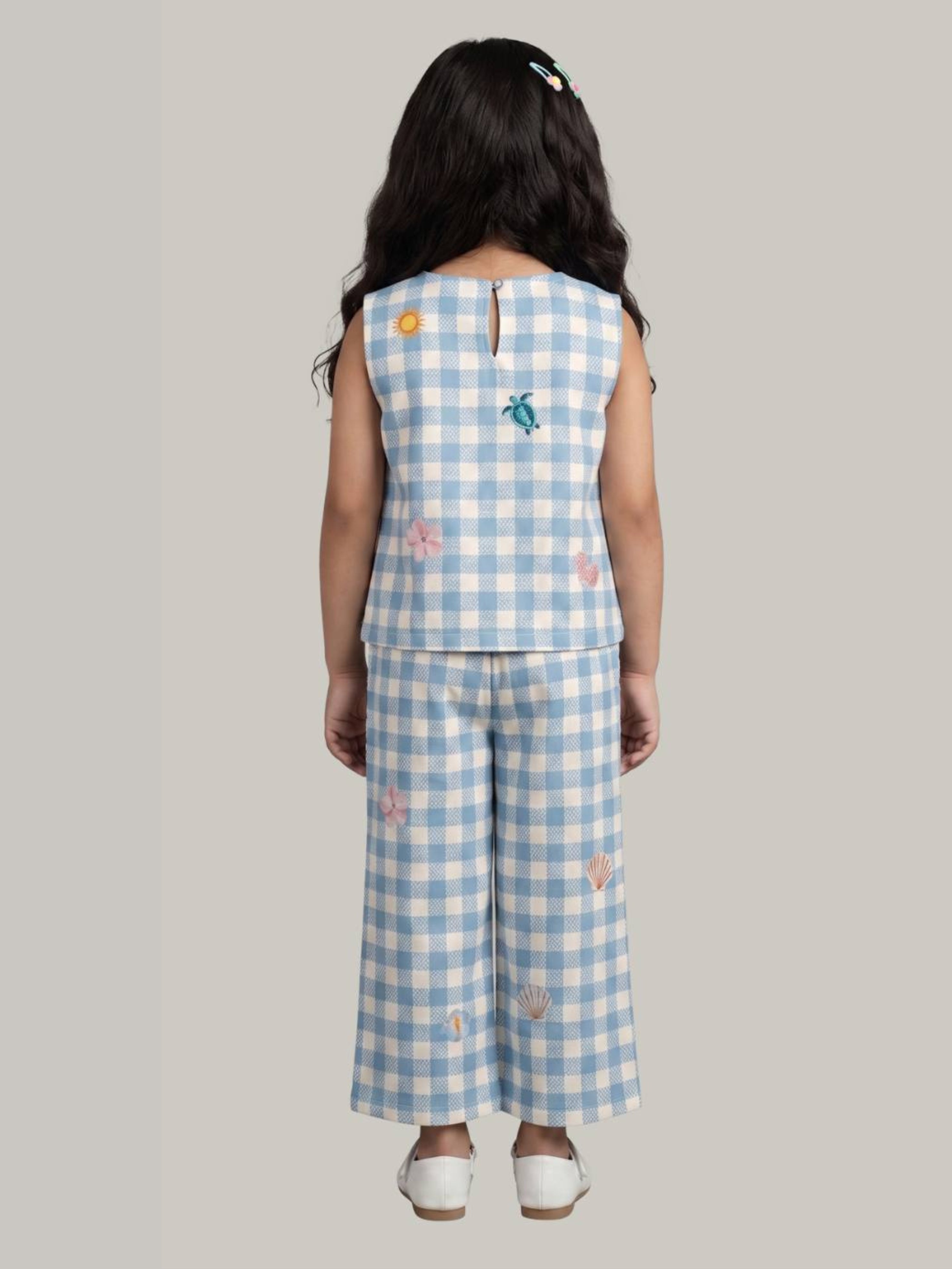 Girls' Blue Gingham Checked Sleeveless Top with Wide-Leg Pants Co-Ord Set