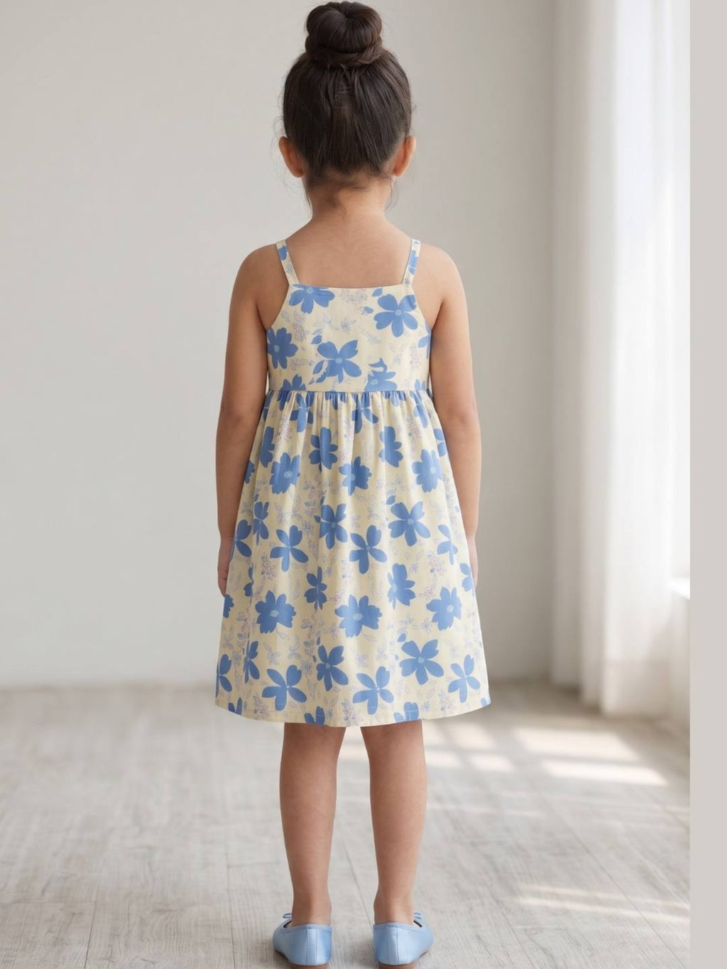 Blue floral printed sleeveless fit & flare dress for girls.