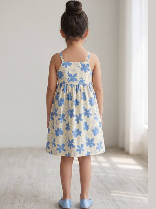 Blue floral printed sleeveless fit & flare dress for girls.