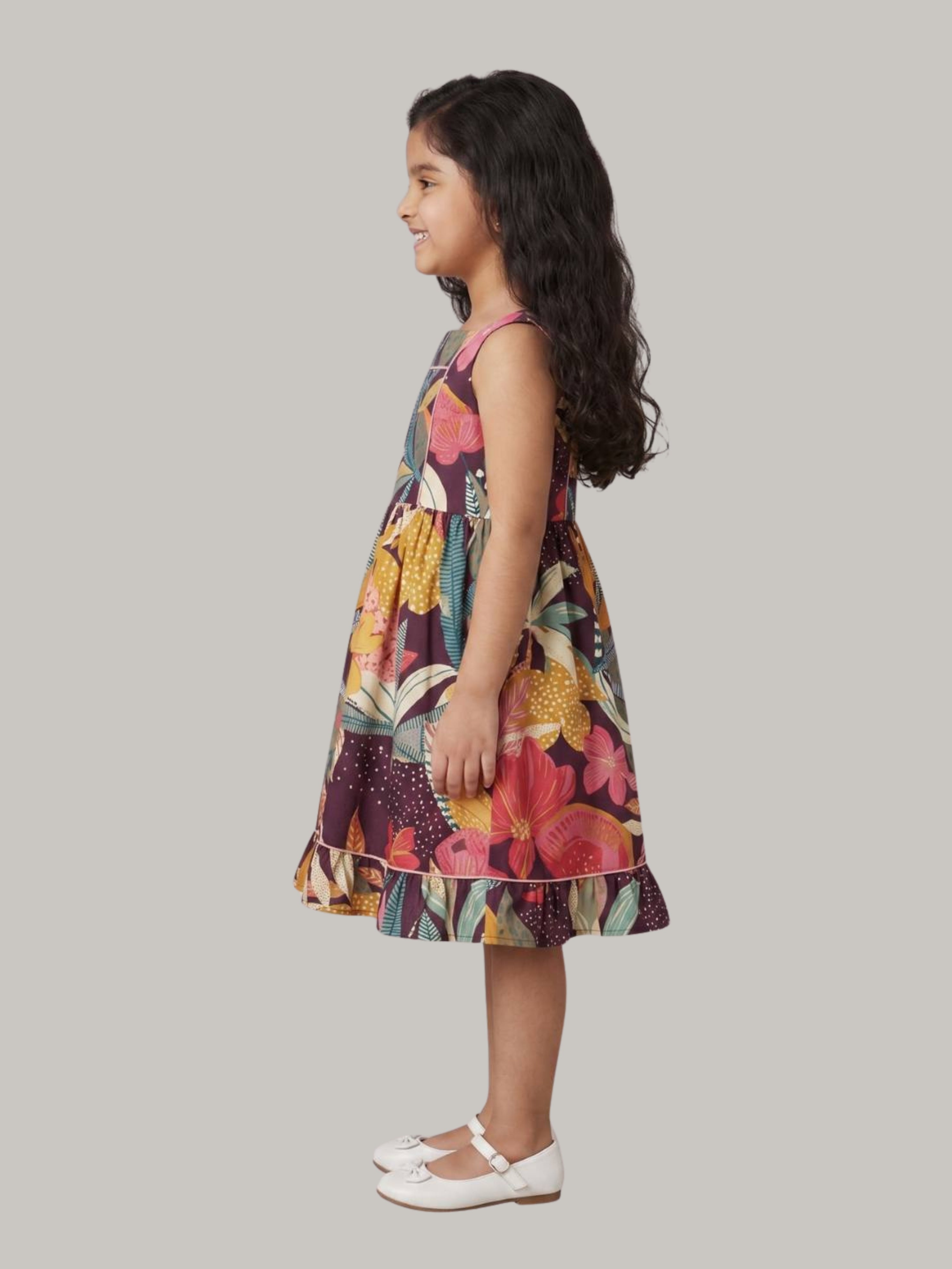 Tropical floral printed sleeveless flare dress for girls.