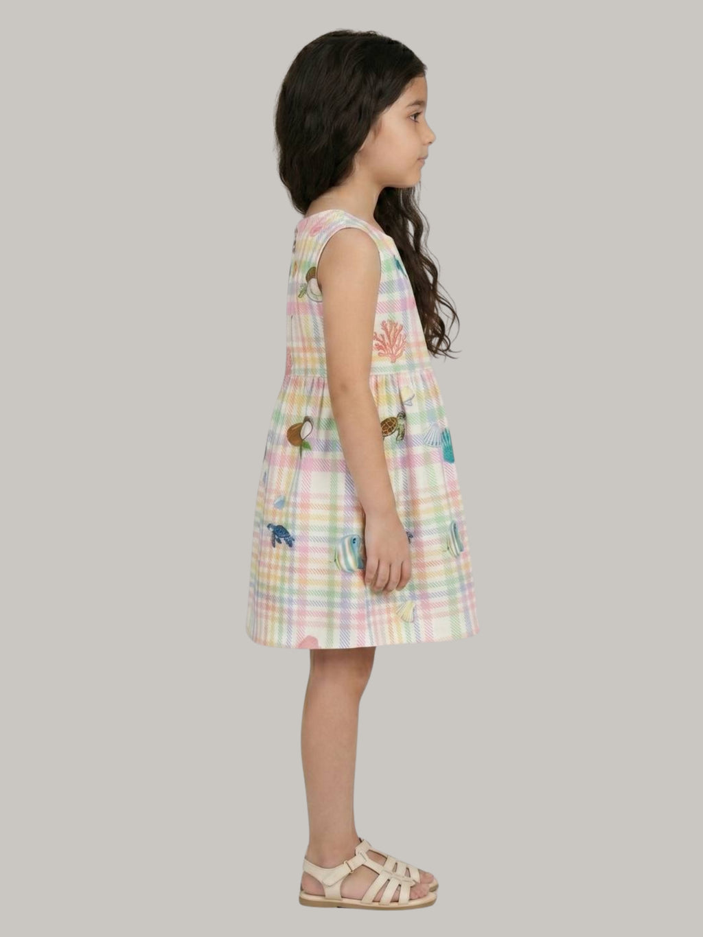 Girls' Pastel Plaid Printed A-Line Dress with Contrast Bow