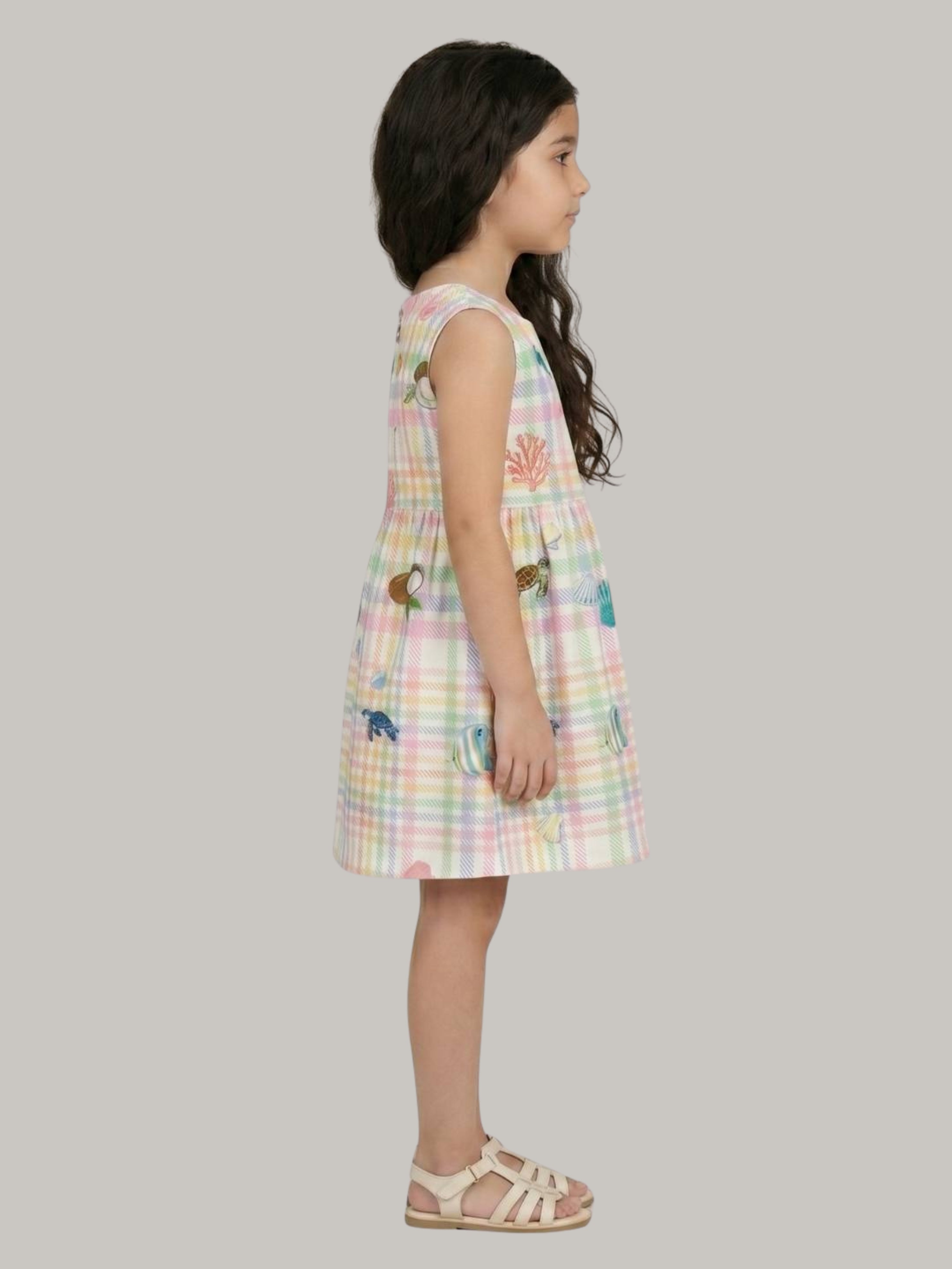 Girls' Pastel Plaid Printed A-Line Dress with Contrast Bow