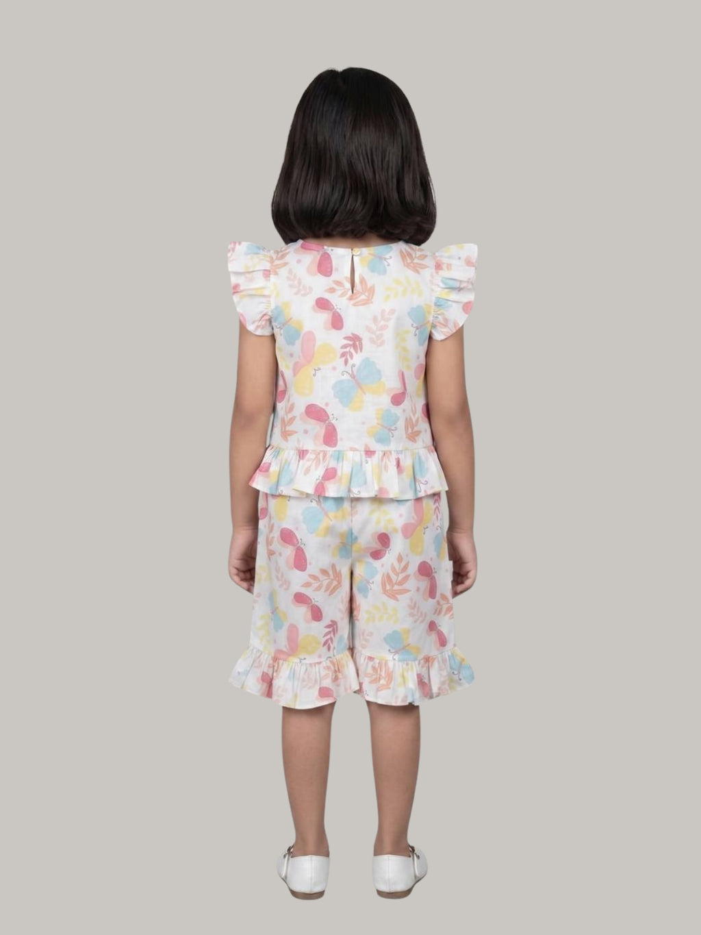 Girls' Multicolor Butterfly Print Ruffle Top with Flared Capri Pants Co-Ord Set